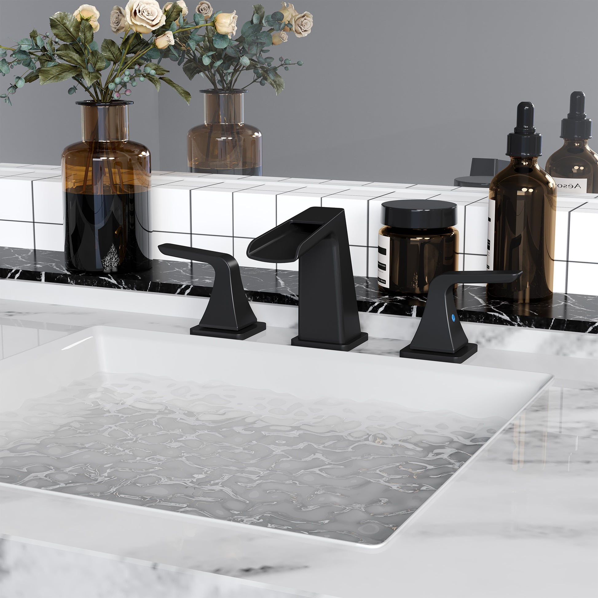 2-Handle Bathroom Sink Faucet 3-Hole Application Widespread Modern Bathroom Faucet with Drain Assembly - Matte Black