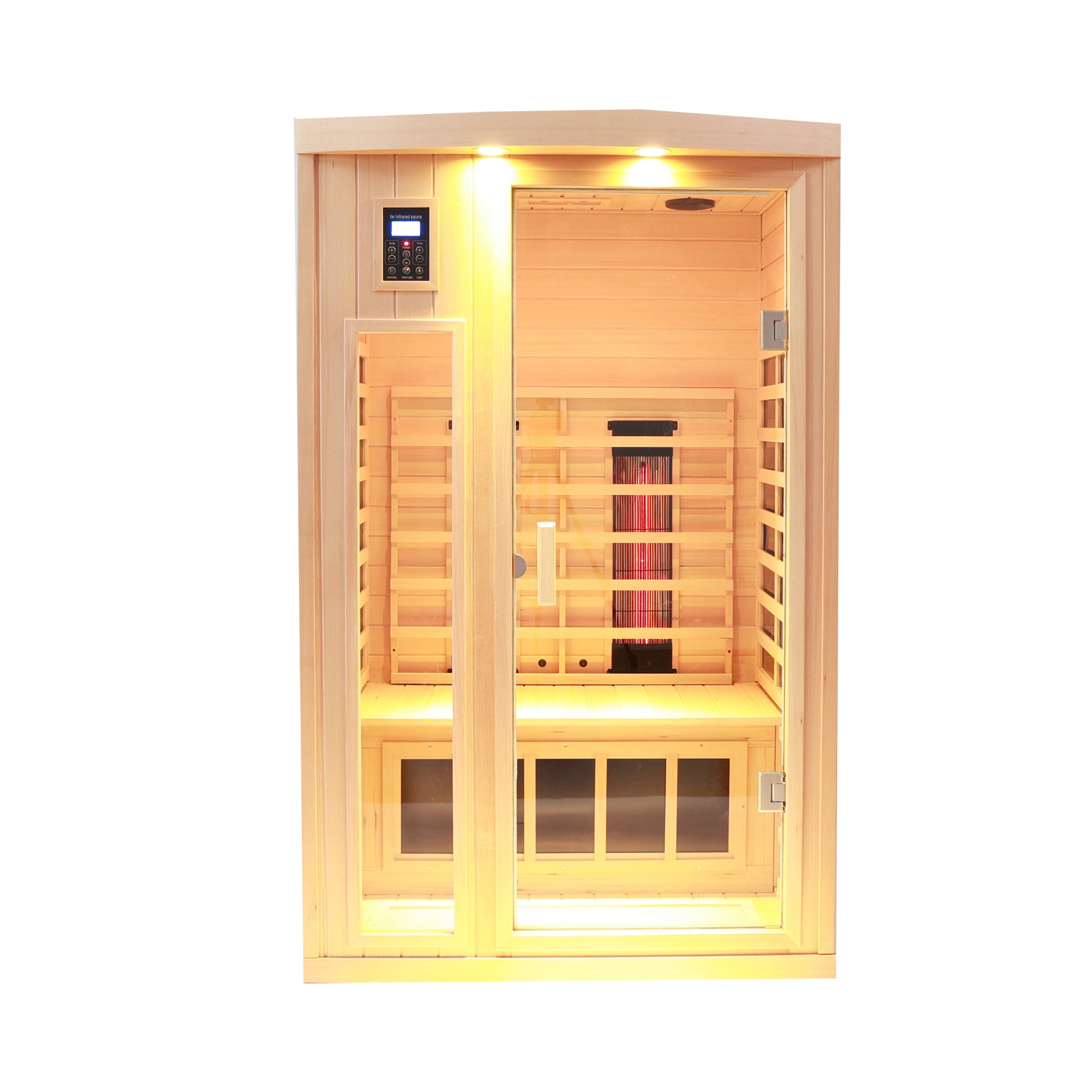 2-Person Hemlock Far Infrared Sauna with Bluetooth Audio, Reading Lights, Color Lighting and Exterior Lighting