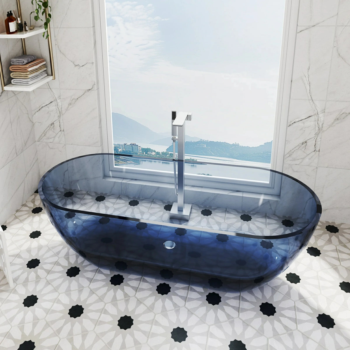 68.9" Modern Oval Freestanding Bathtub, Translucent Grey Blue Deep Soaking Tub for Bathroom
