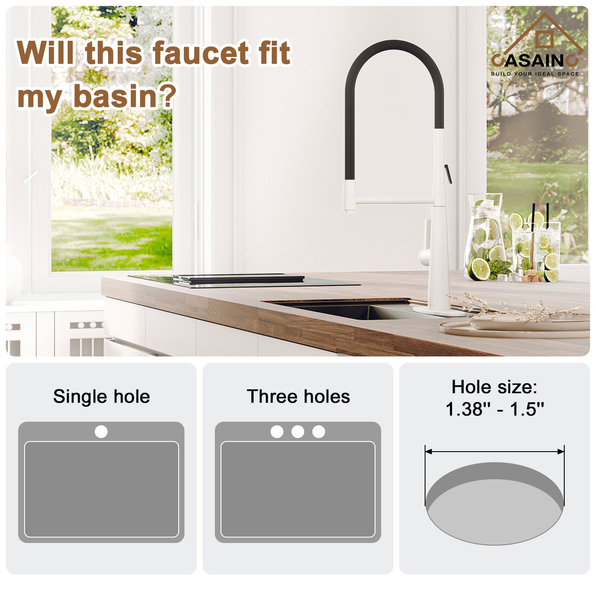 CASAINC 1.8GPM Single-Handle Standard Kitchen Faucet with Fast Mount and Deck Plate, 3 Colors Available