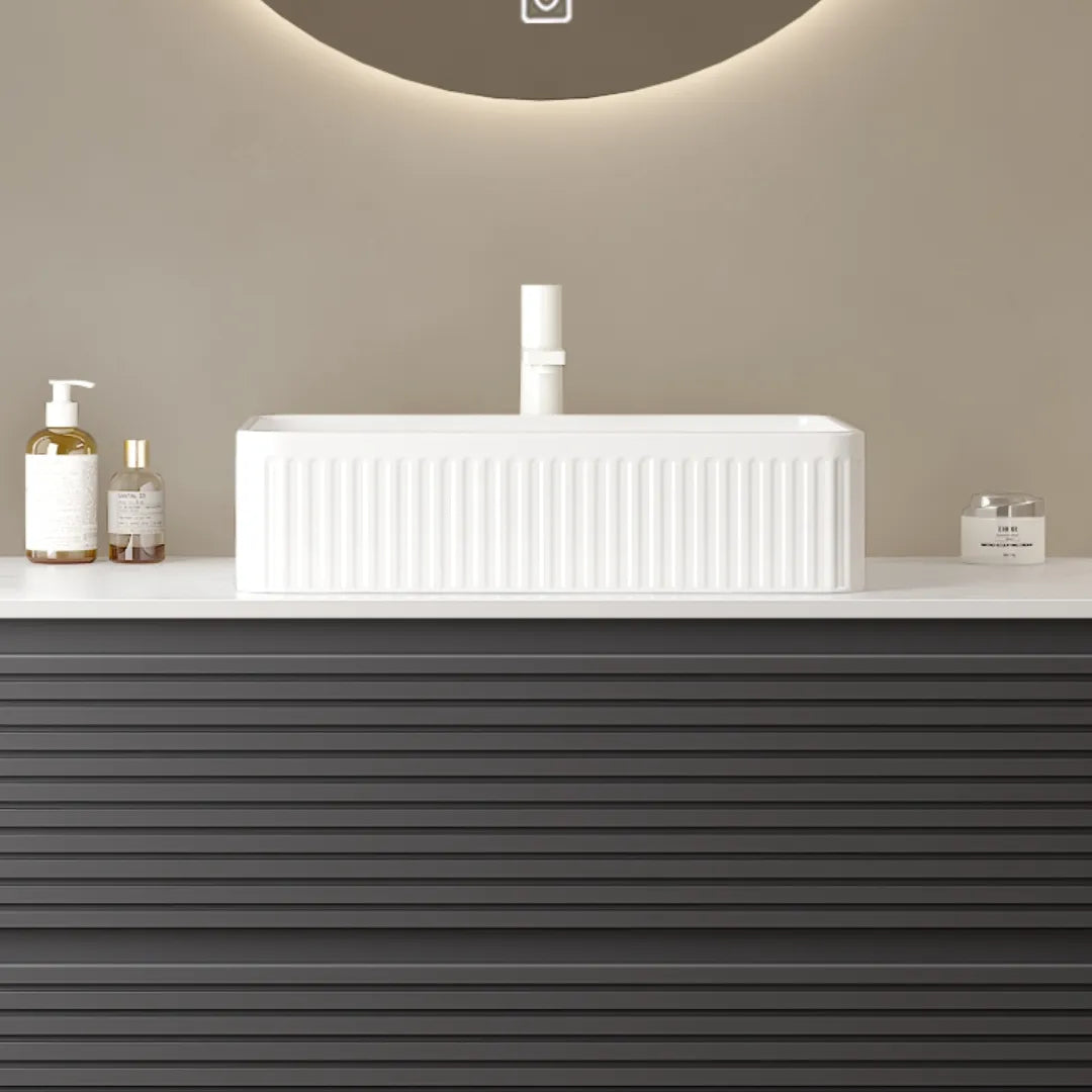 20" Matte White Rectangular Striped Ceramic Vessel Sink