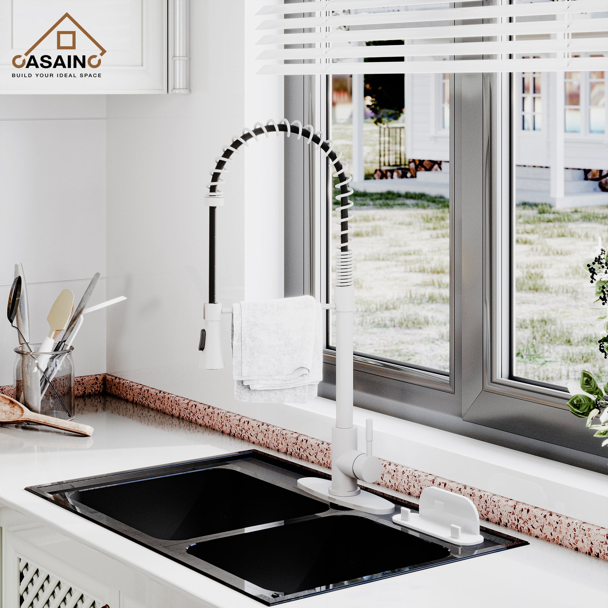 CASAINC 1.8GPM Modern Spring Pull Down Sprayer Kitchen Faucet with Dual-Function Spray Head and Deck Plate, in Brushed Nickel and More