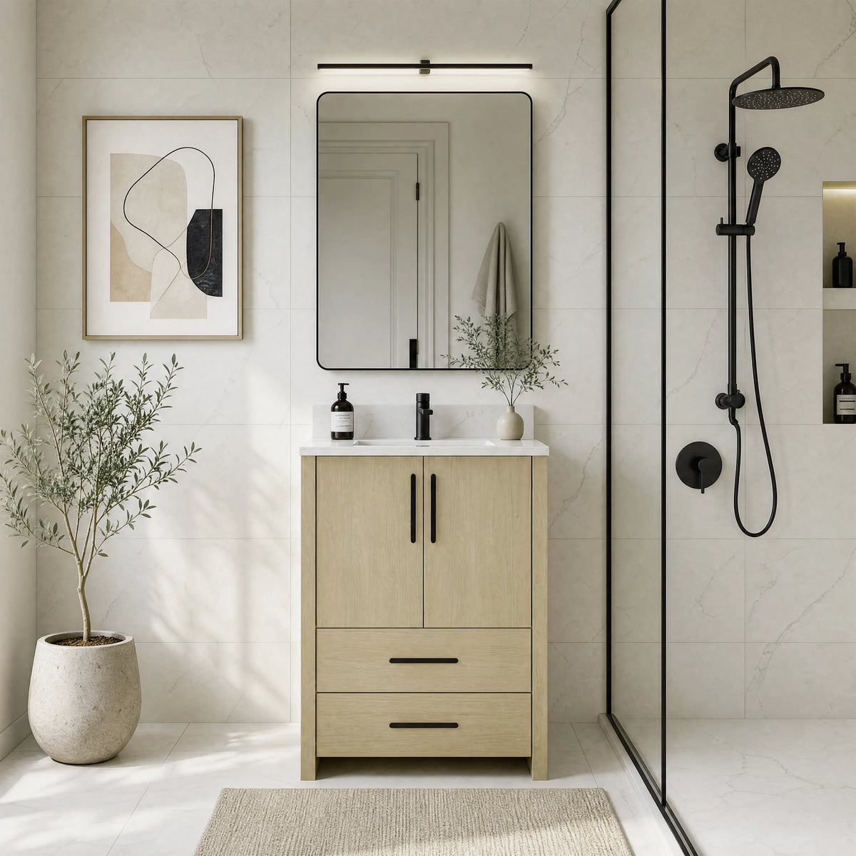 24"/36" Single Sink Bathroom Vanity with Light Natural Wood & Marble Top