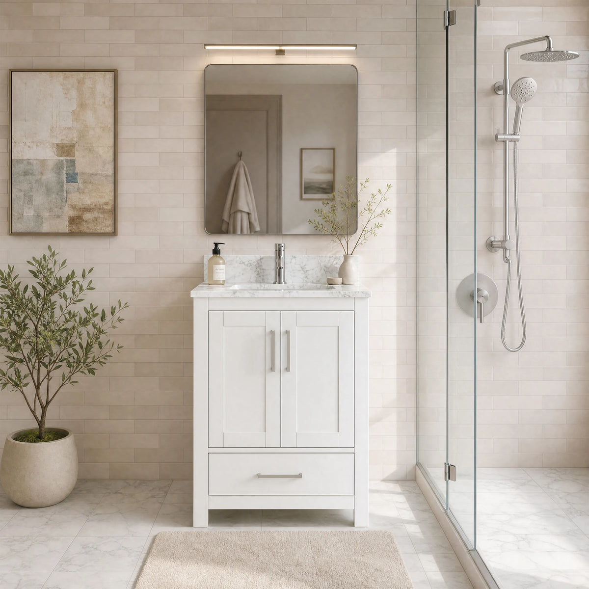 24" Freestanding Single Sink Bathroom Vanity with Solid Wood Frame & Engineered Stone Top