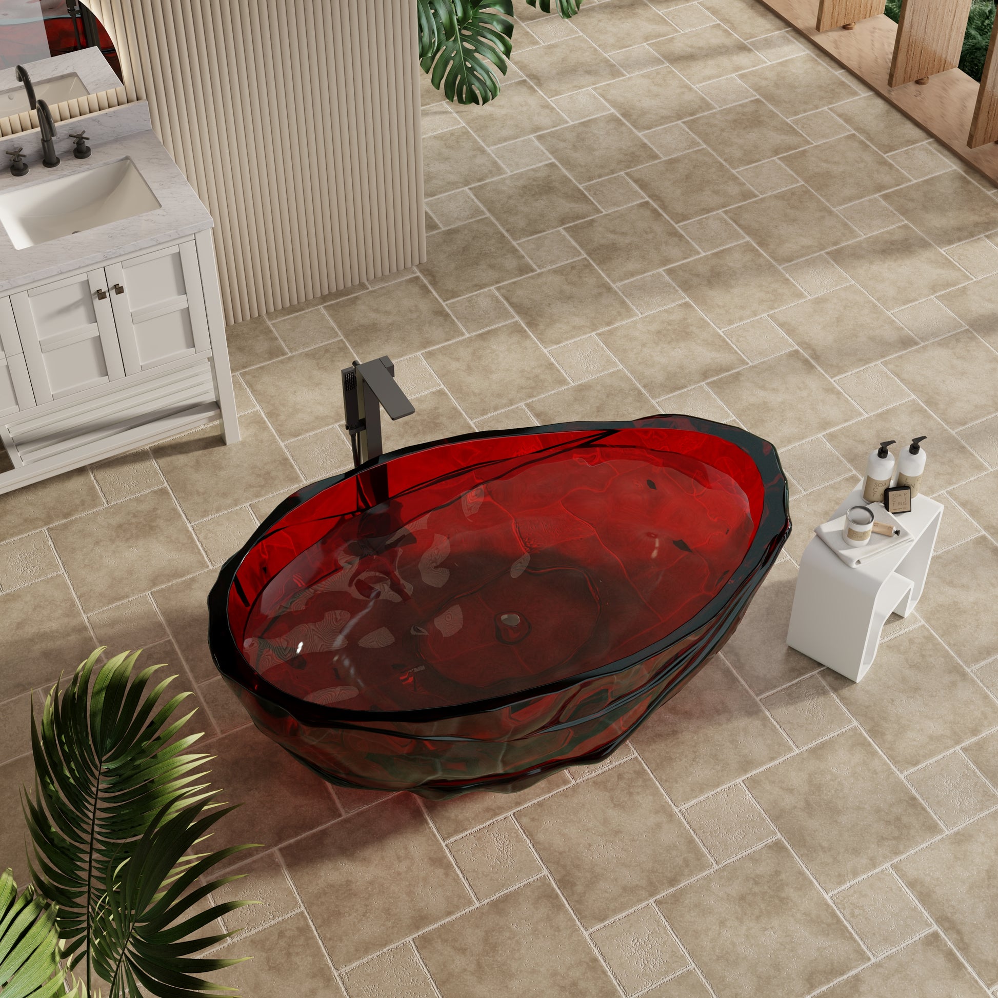 67" Flame Red Water-Ripple Freestanding Resin Soaking Tub with Center Drain