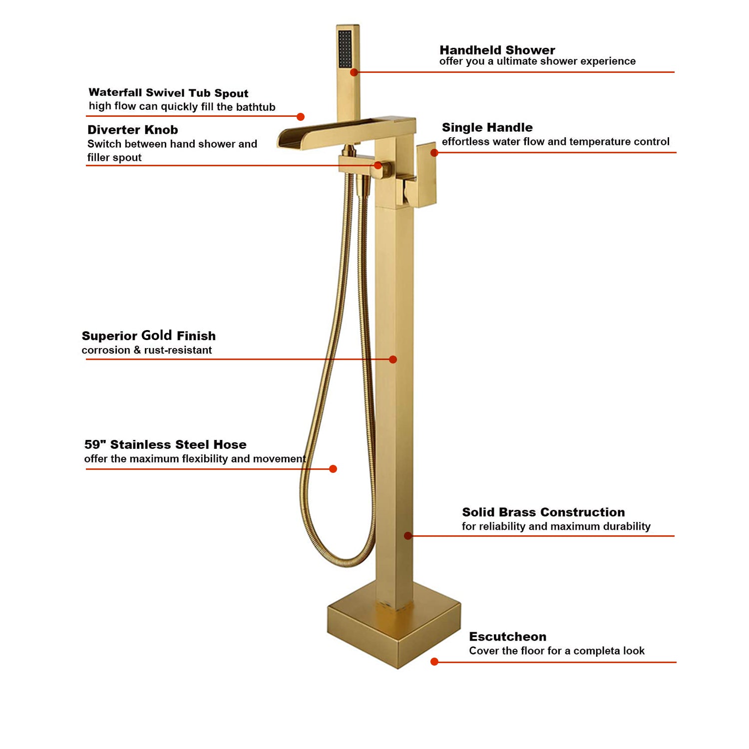 Single-Handle Freestanding Waterfall Bathtub Faucet with Handheld Shower
