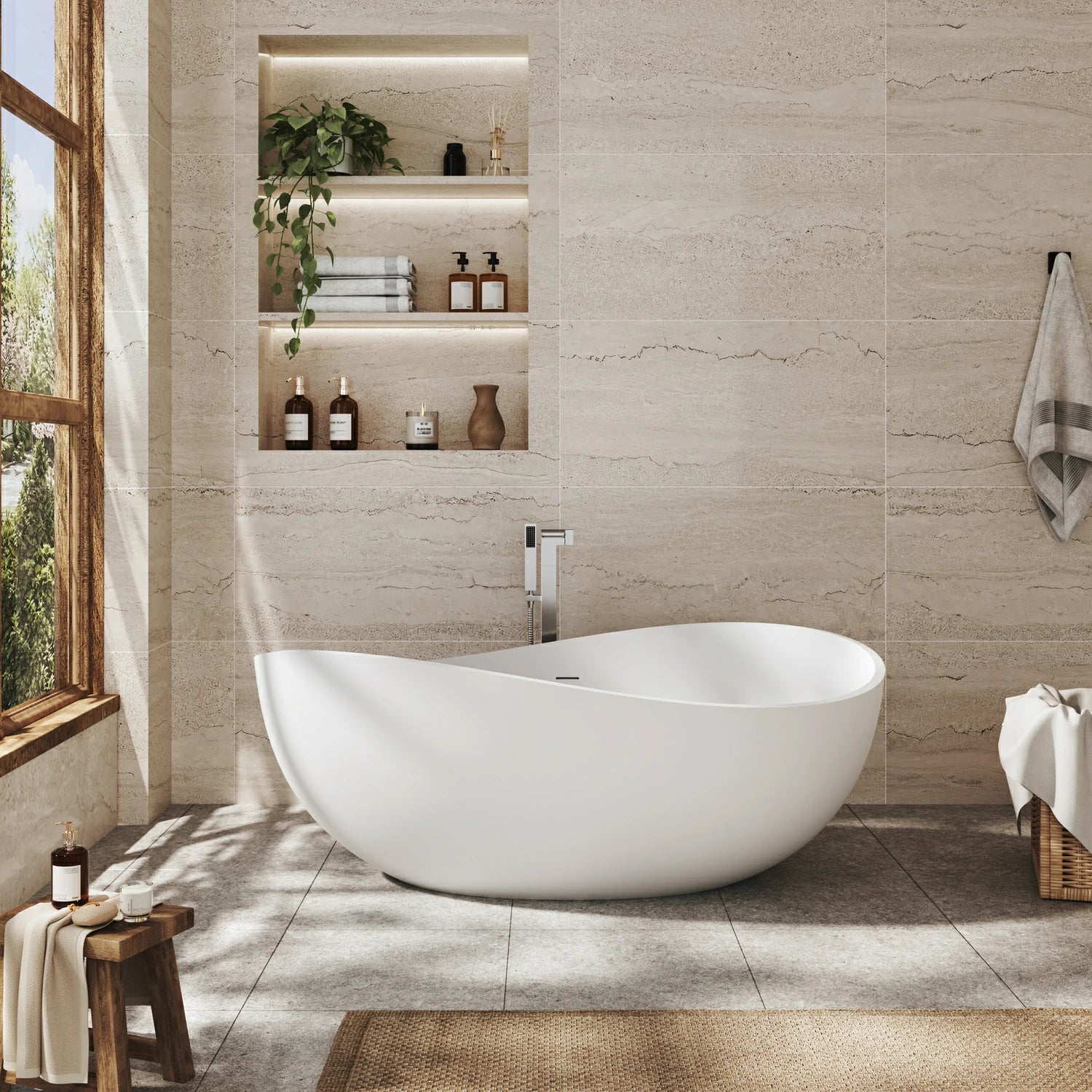 63" Modern Solid Surface Freestanding Soaking Bathtub with Sculptural Oval Design