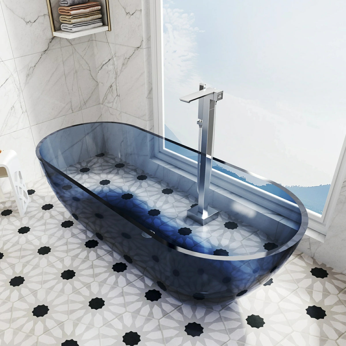 68.9" Modern Oval Freestanding Bathtub, Translucent Grey Blue Deep Soaking Tub for Bathroom