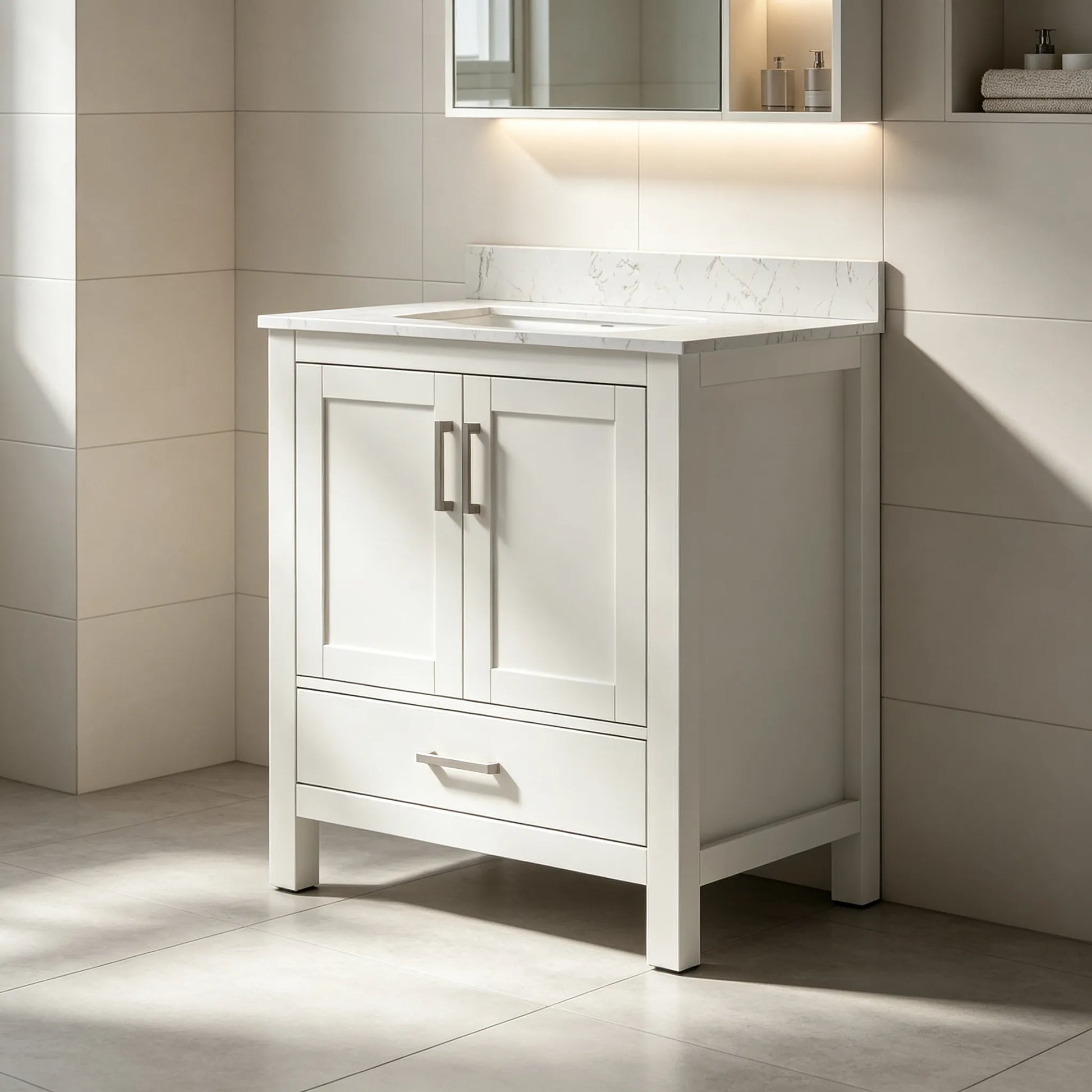30"/36"/48"/72" Freestanding Bathroom Vanity with White Marble-Pattern Artificial Stone Top