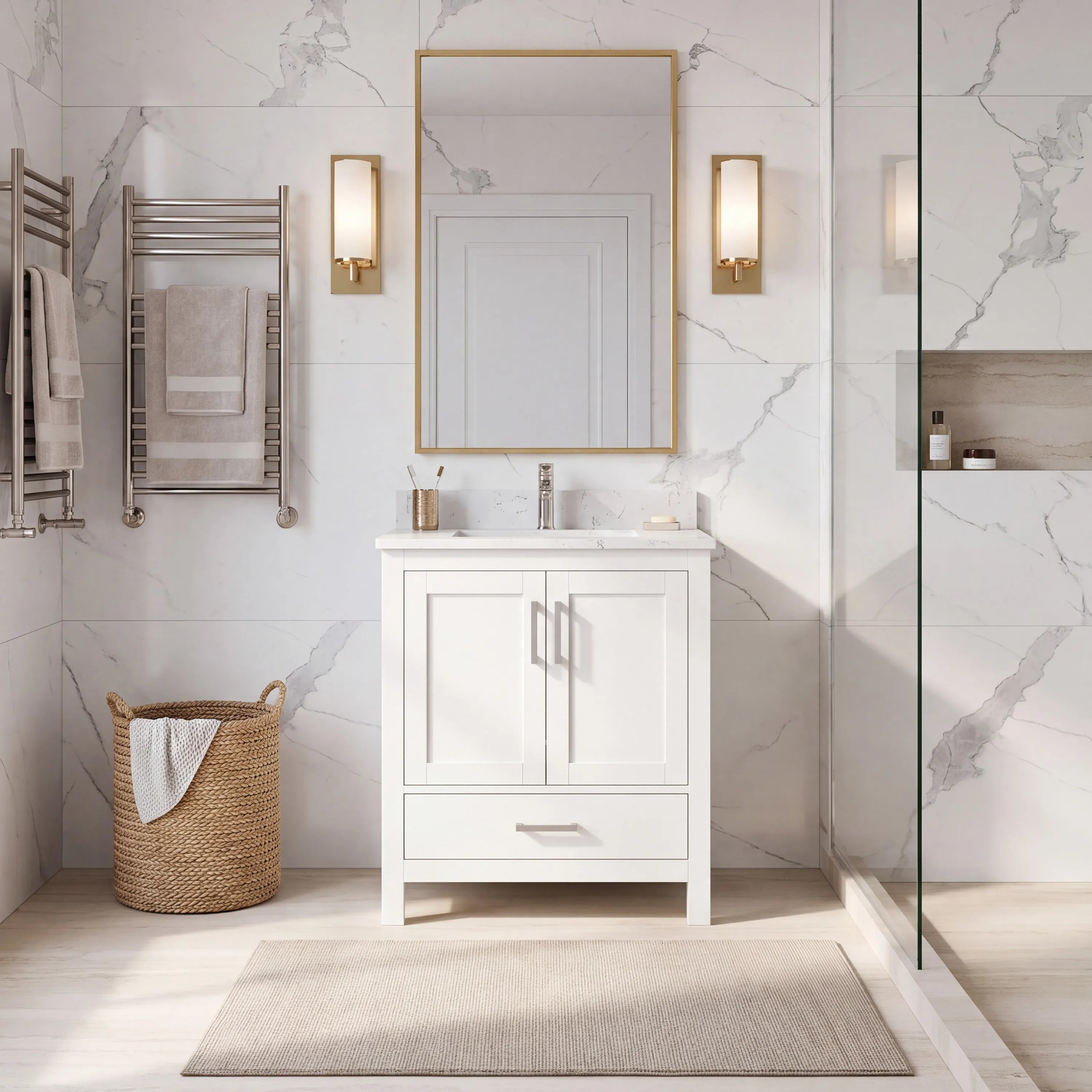 30"/36"/48"/72" Freestanding Bathroom Vanity with White Marble-Pattern Artificial Stone Top