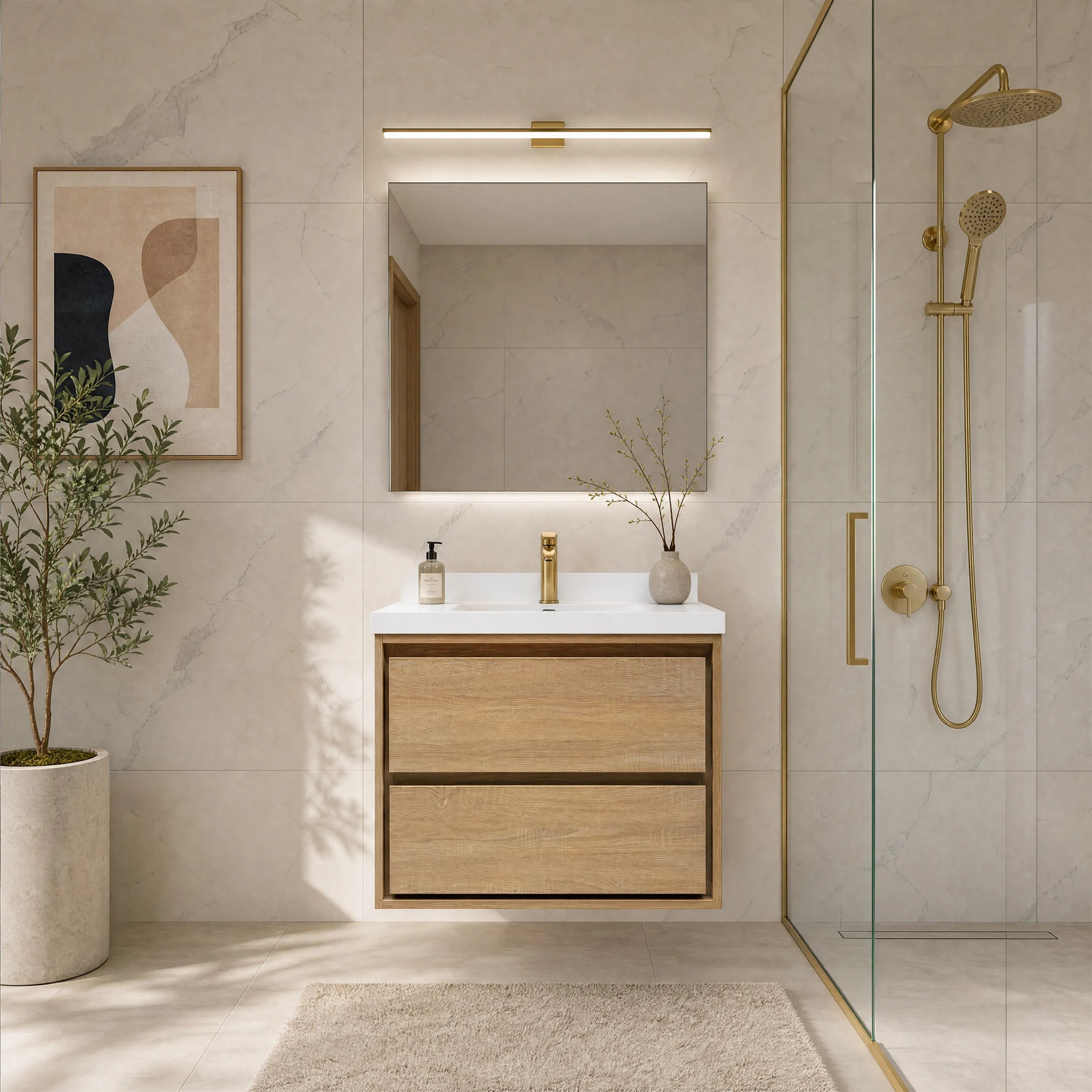 30" Wall-mount Single Sink Bathroom Vanity with Marble Top