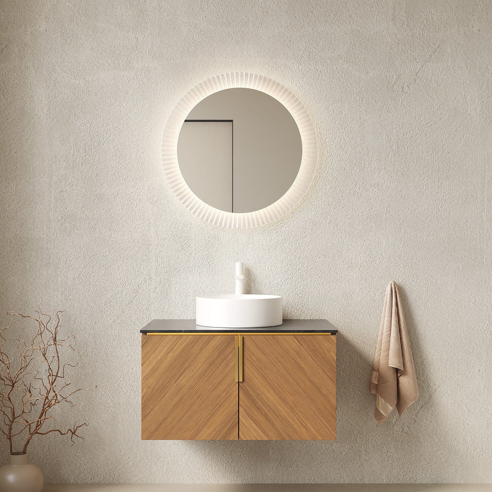 30 in. / 60 in. Floating Bathroom Vanity with Black Sintered Stone Top and Round Ceramic Vessel Sink, Brown Oak Woodgrain