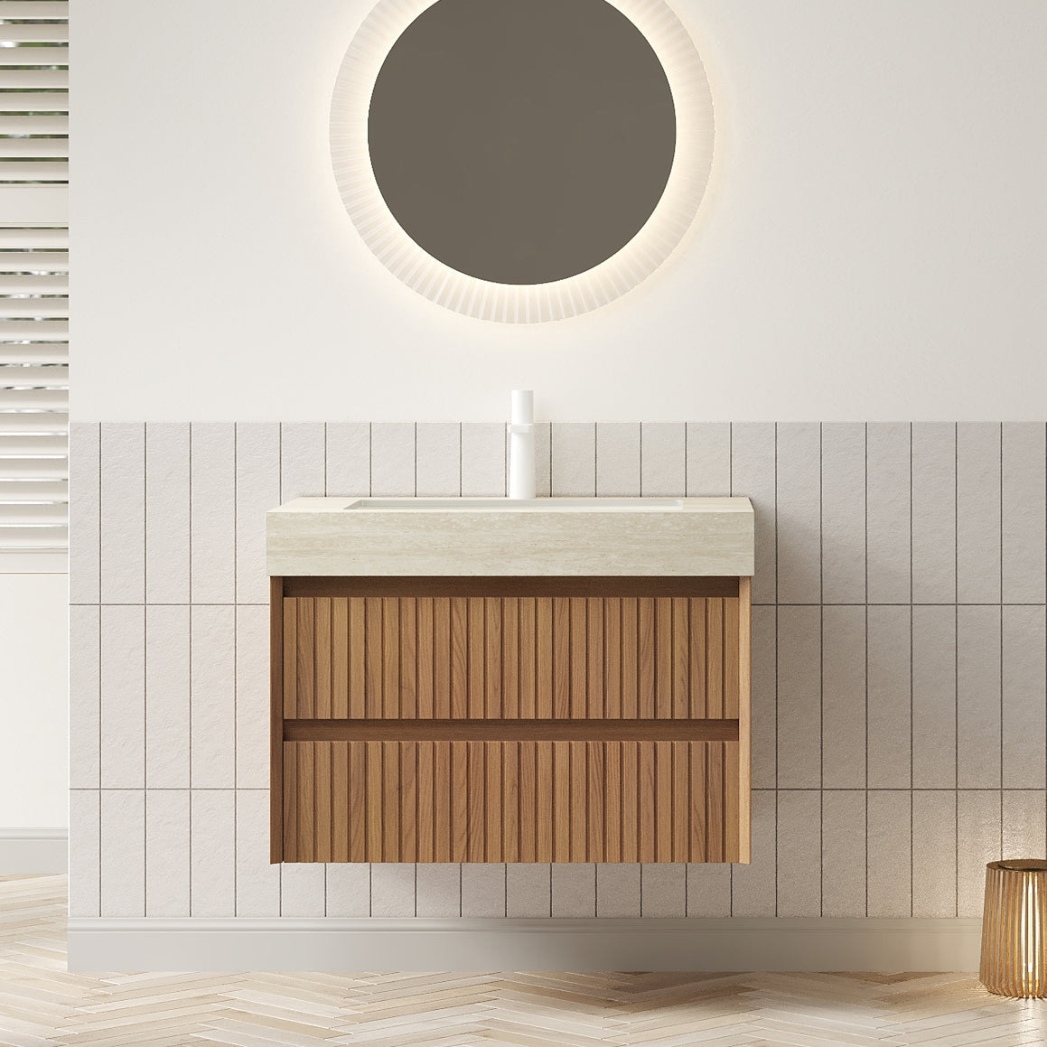 30 in. Floating Bathroom Vanity with 2 Drawers, Travertine-Pattern Sintered Stone Top and Ceramic Undermount Sink, Brown Oak Woodgrain