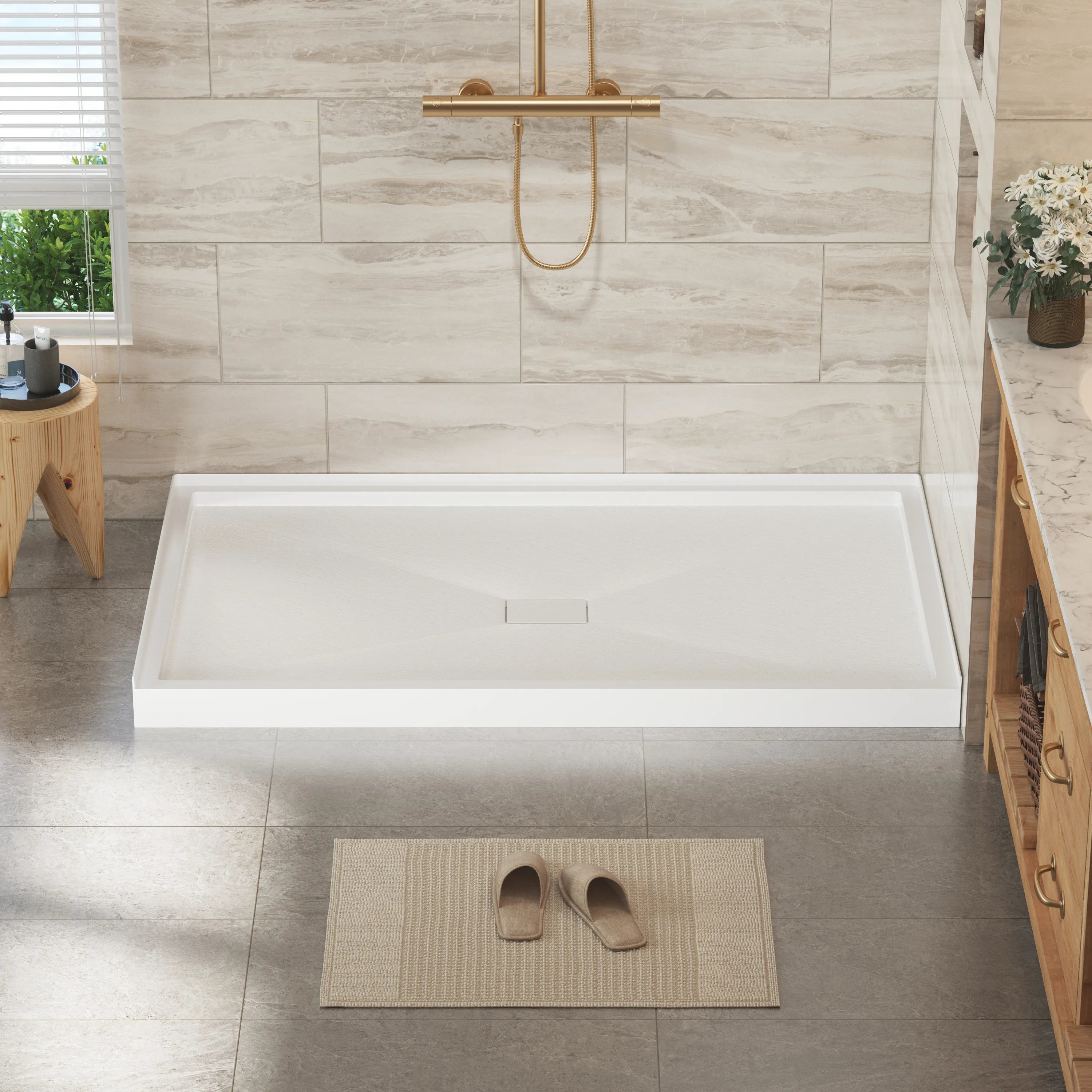 36"-60"x30"-36" White SMC Shower Base with Flamed Rock Slip-Resistant Surface, Center Drain