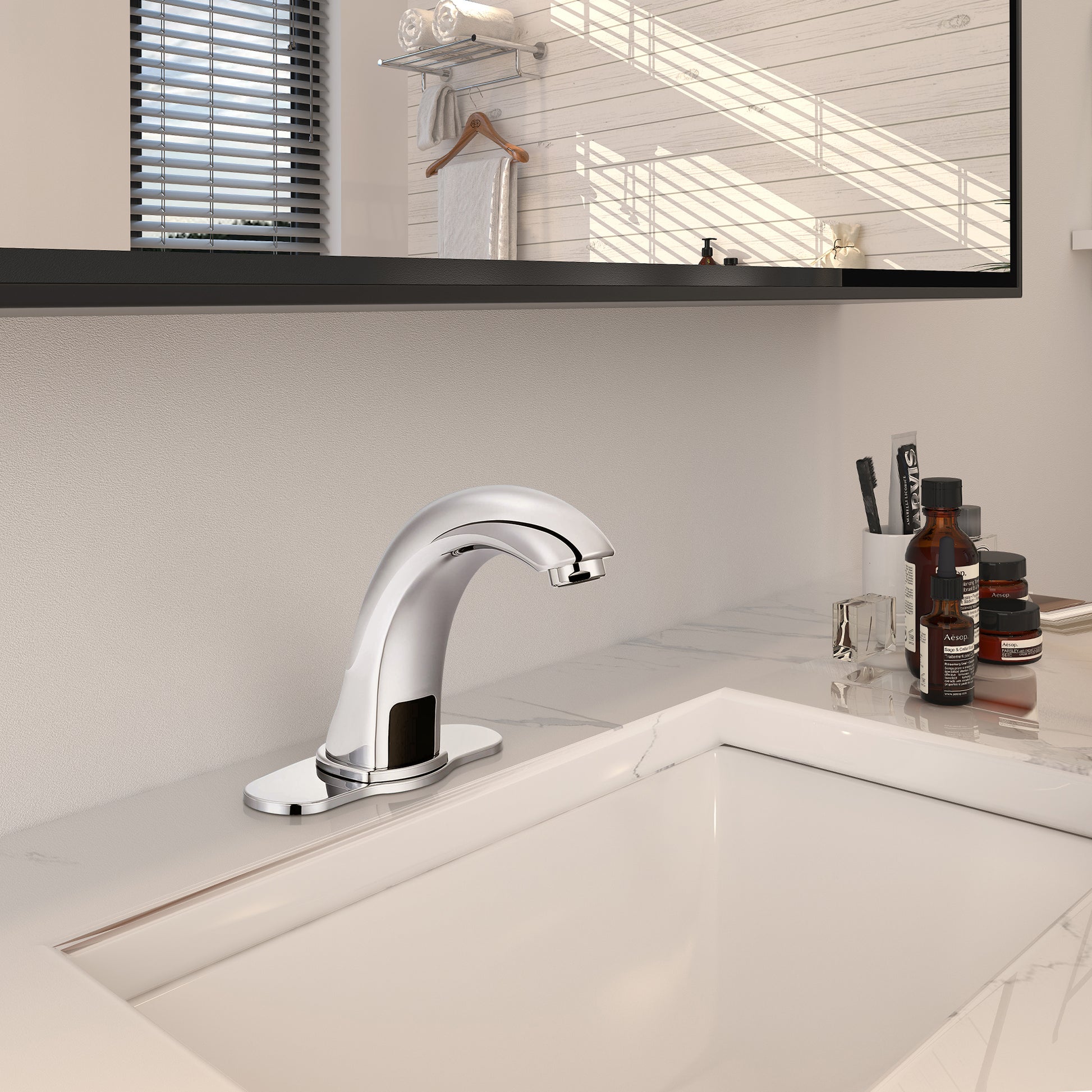 Hands-Free Touchless Bathroom Sink Faucet with Hole Cover Plate