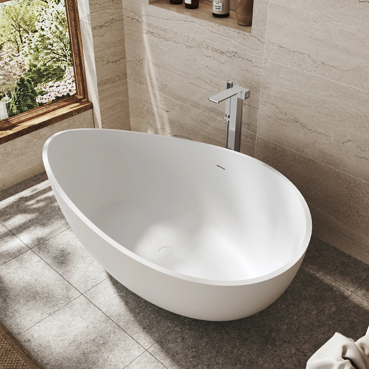 63" Modern Solid Surface Freestanding Soaking Bathtub with Sculptural Oval Design
