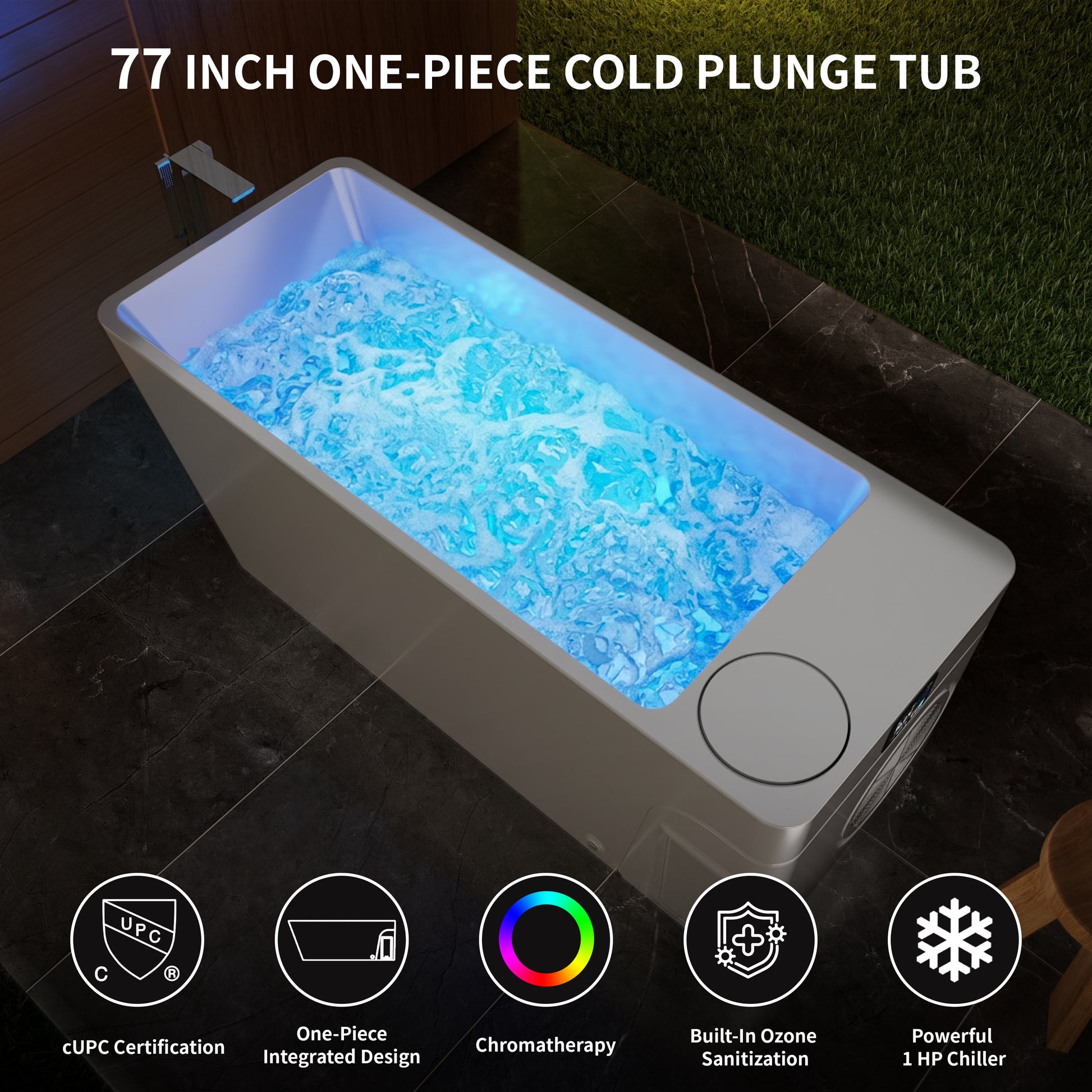 77" Luxury All-in-One Smart Recovery Ice Bath Cold Plunge Tub with Built-In 1HP Chiller