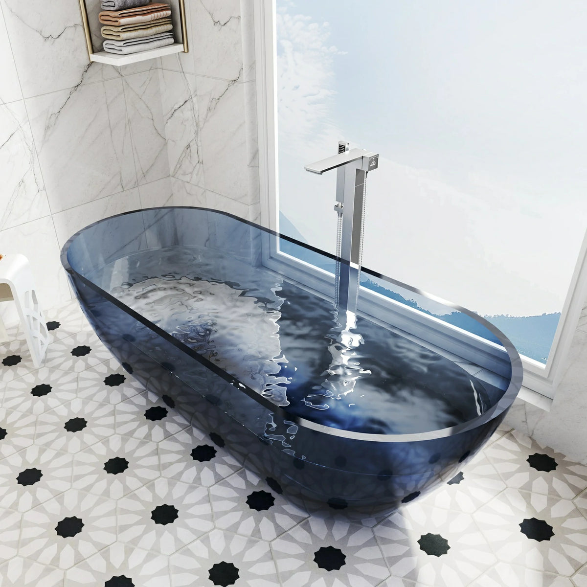 68.9" Modern Oval Freestanding Bathtub, Translucent Grey Blue Deep Soaking Tub for Bathroom