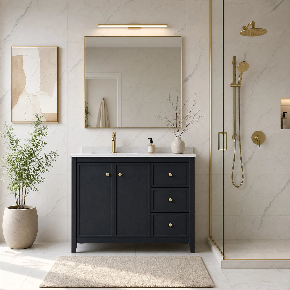 42" Matte Black Bathroom Vanity with Single Sink & Marble Top