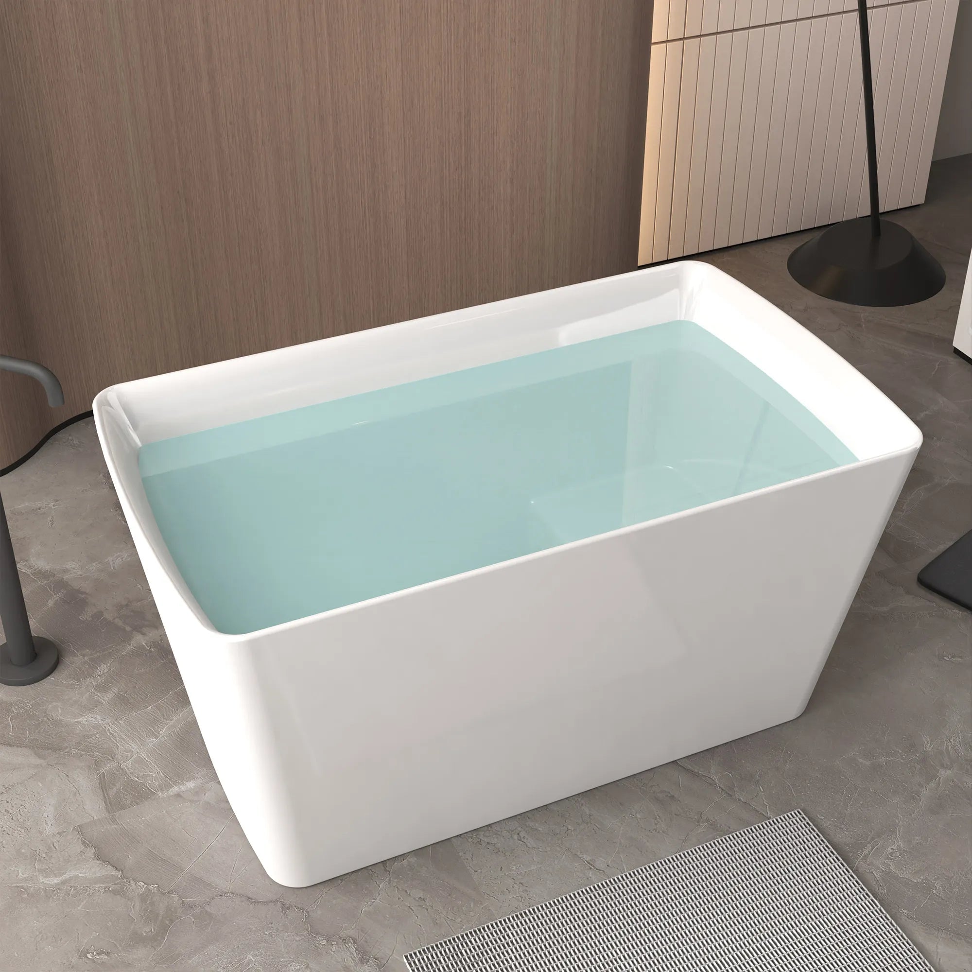 47" Gloss White Acrylic Freestanding Bathtub with Built-In Seat, Invisible Overflow and Chrome Pop-Up Drain