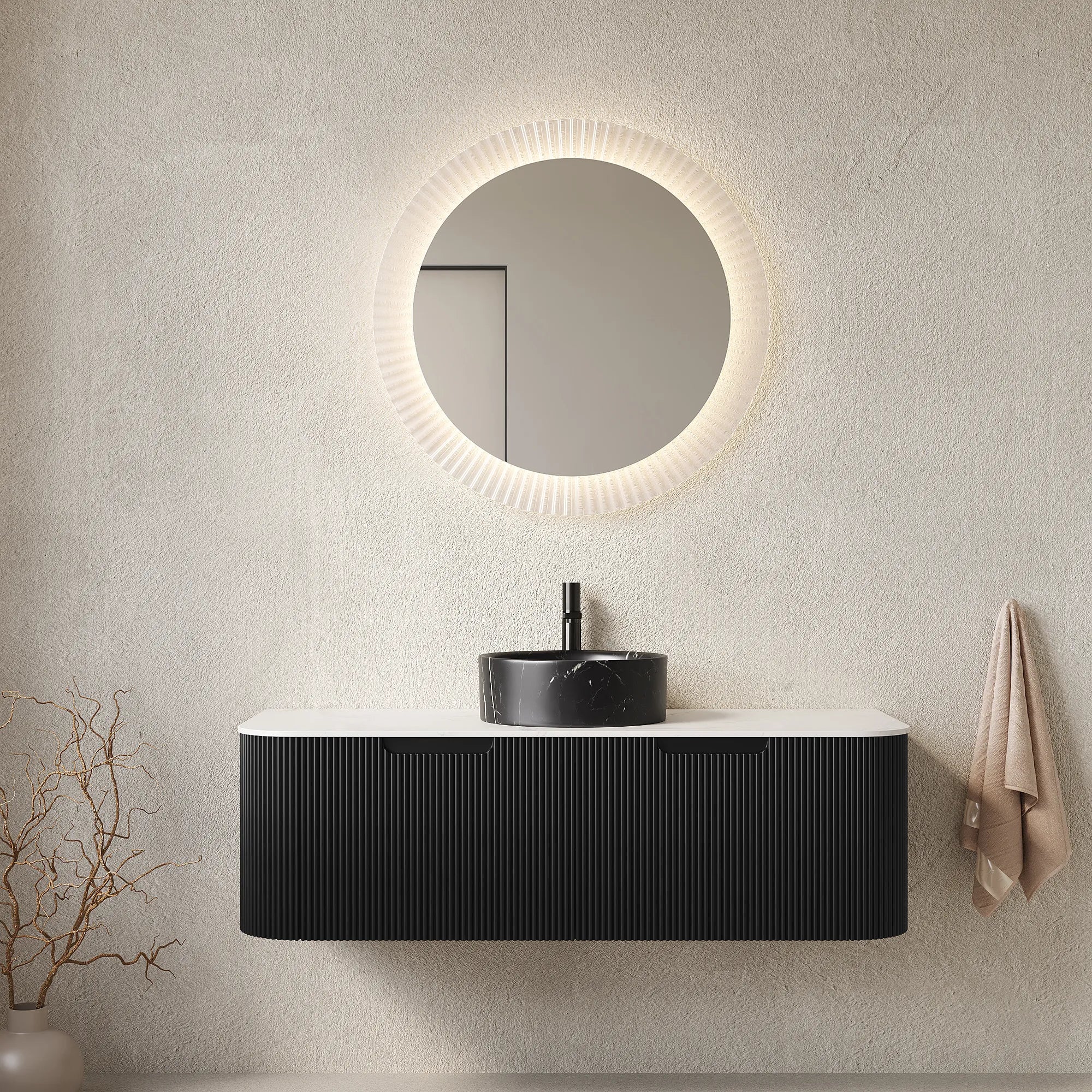48" Black Floating Bathroom Vanity with Stone-Pattern Ceramic Vessel Sink and Carrara White Sintered Stone Top