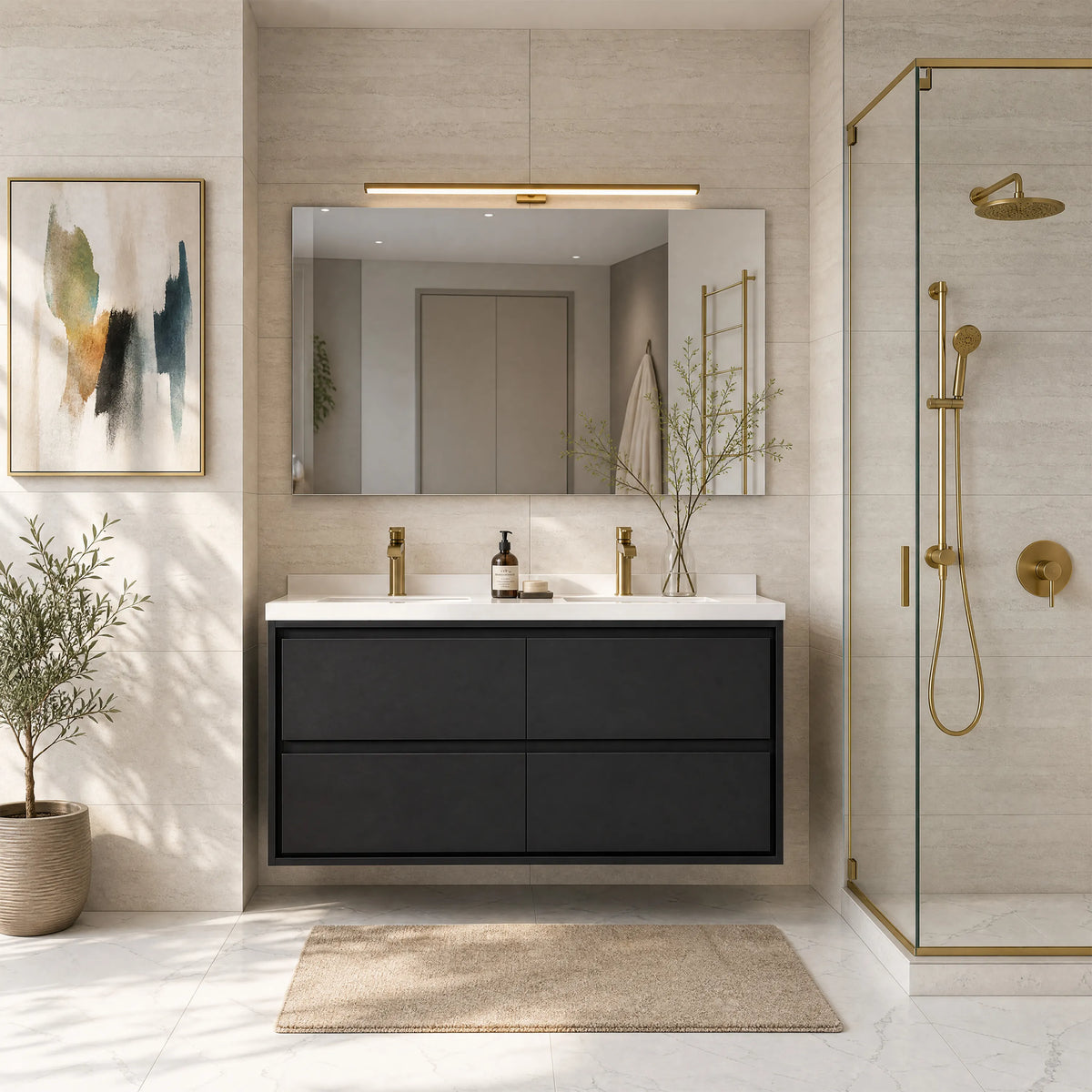 48" Matte Black Wall-mount Bathroom Vanity with Double Sink & Marble Top