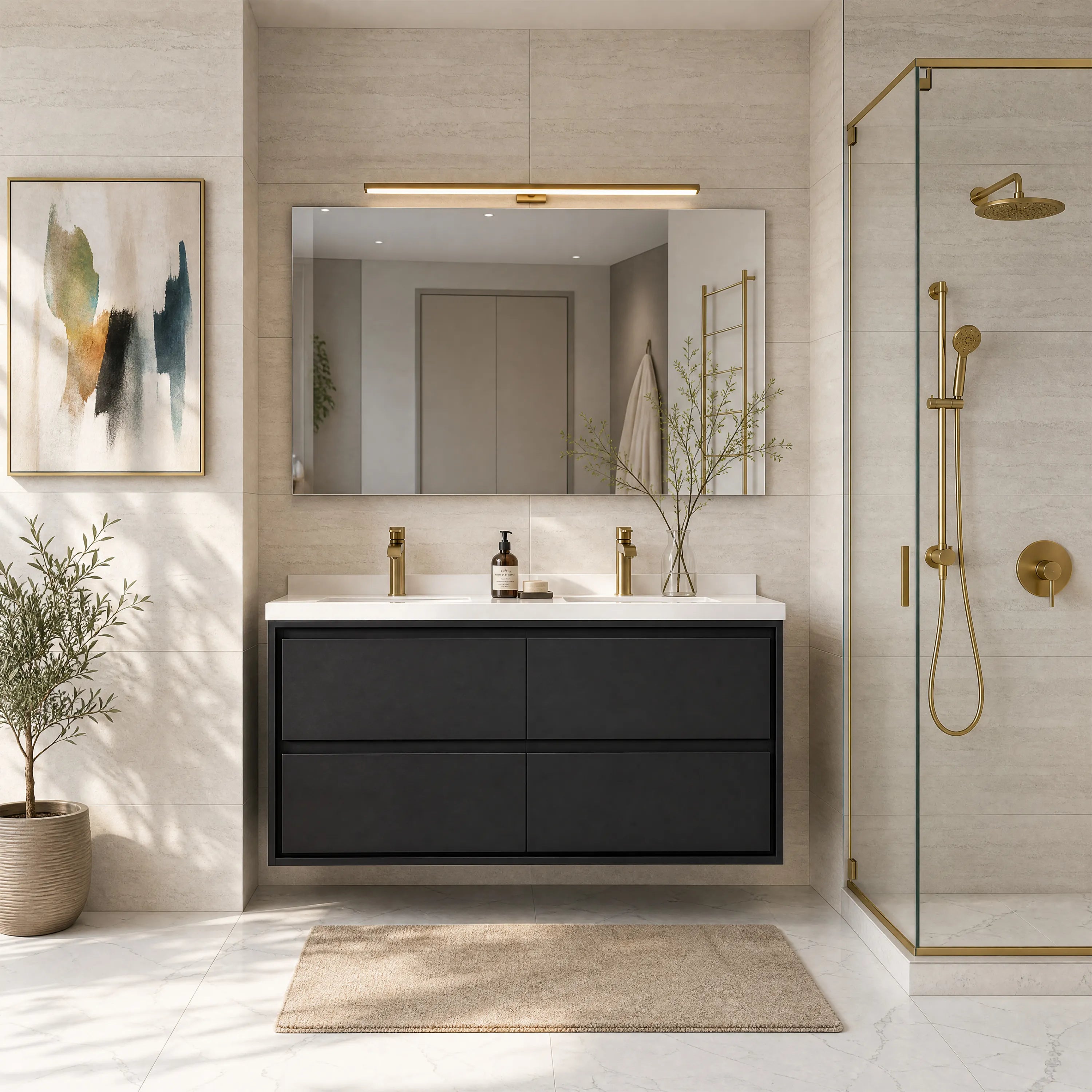 48" Matte Black Wall-mount Bathroom Vanity with Double Sink & Marble Top