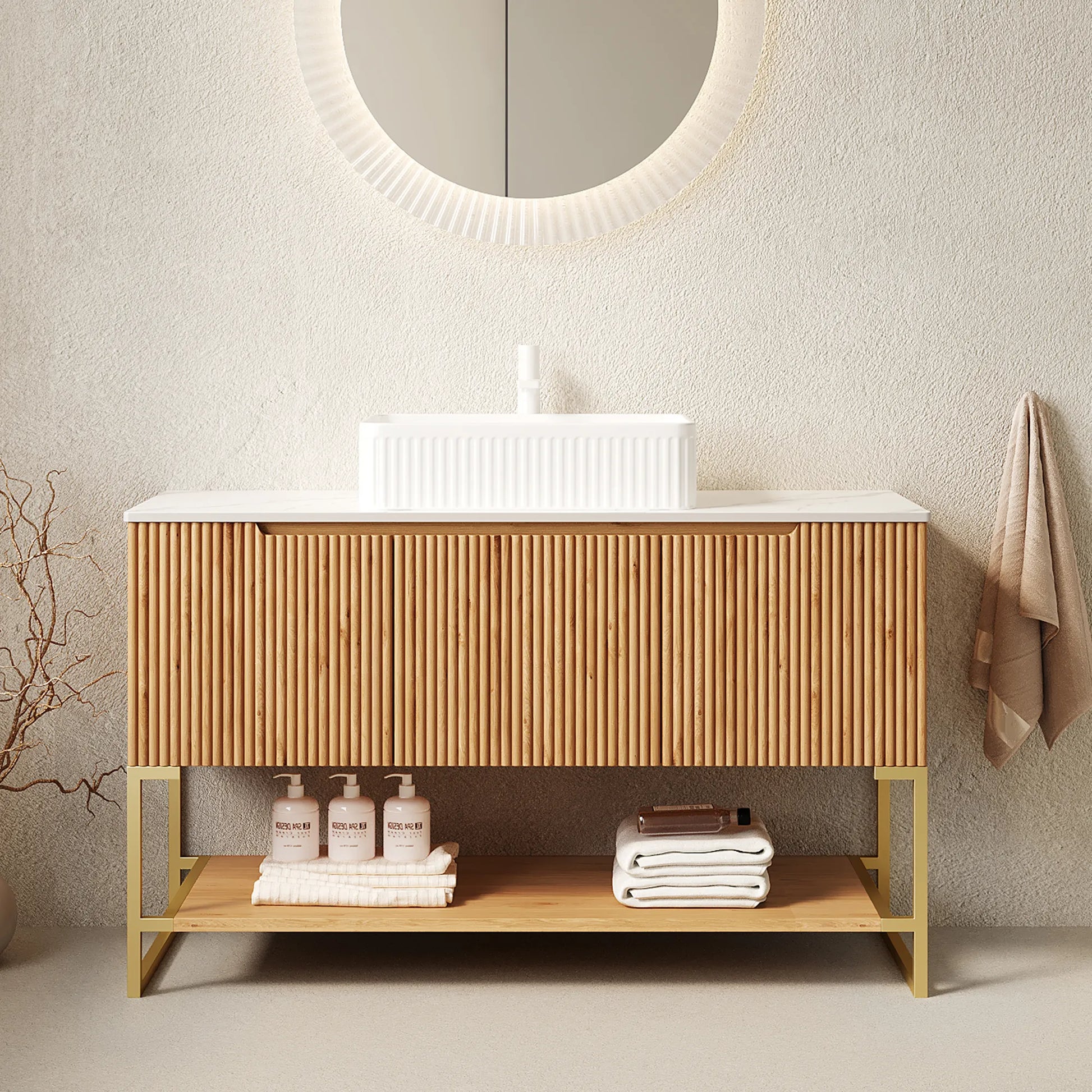 48" Woodgrain Freestanding Bathroom Vanity with White Ceramic Vessel Sink and Carrara White Sintered Stone Top