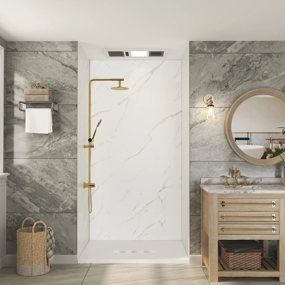 48"x36"x96" Calacatta/Cararra White SMC Shower Wall Panel System, Waterproof Grout-Free Shower Surround