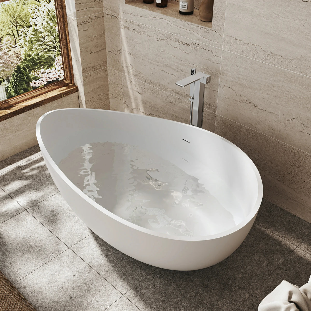 63" Modern Solid Surface Freestanding Soaking Bathtub with Sculptural Oval Design