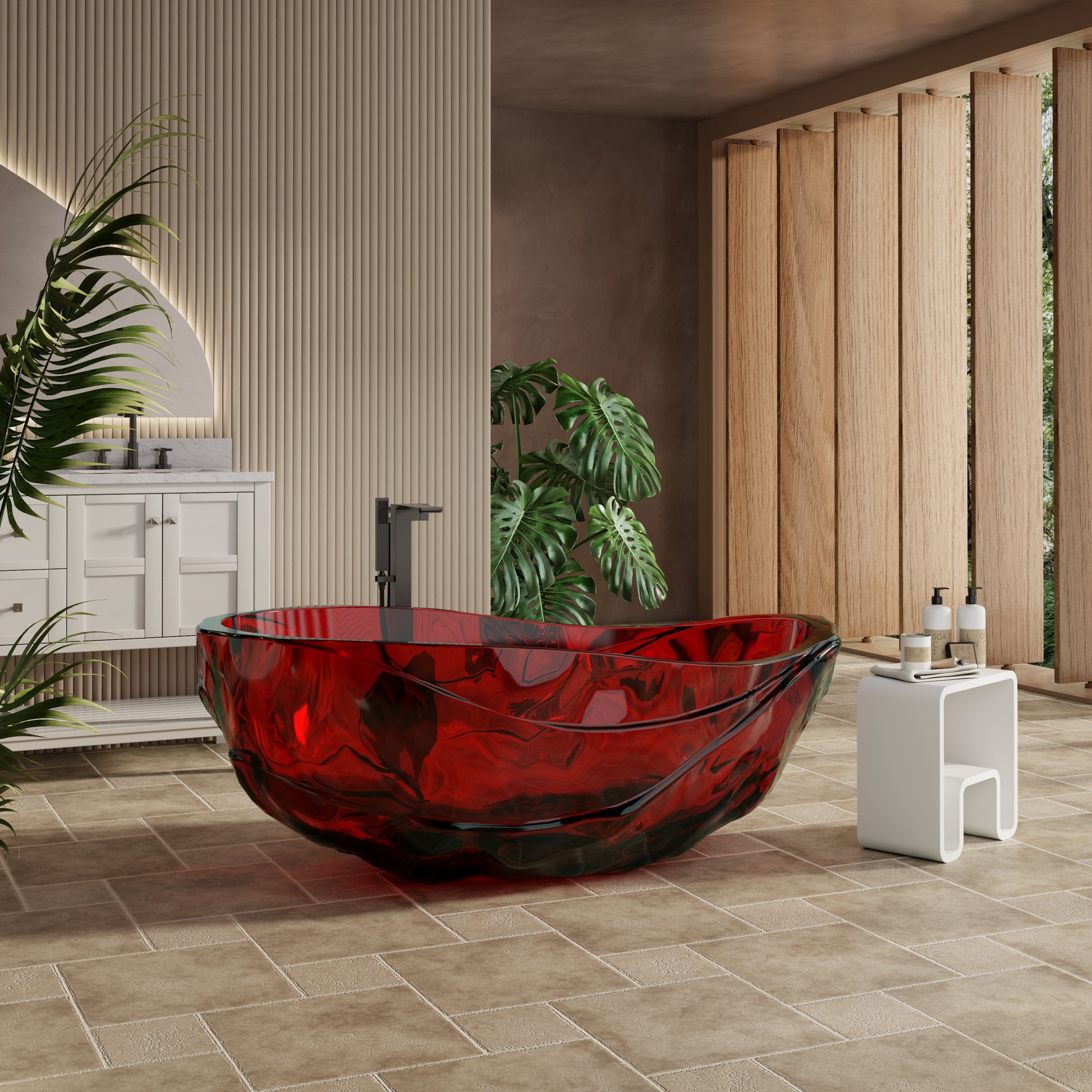 67" Flame Red Water-Ripple Freestanding Resin Soaking Tub with Center Drain