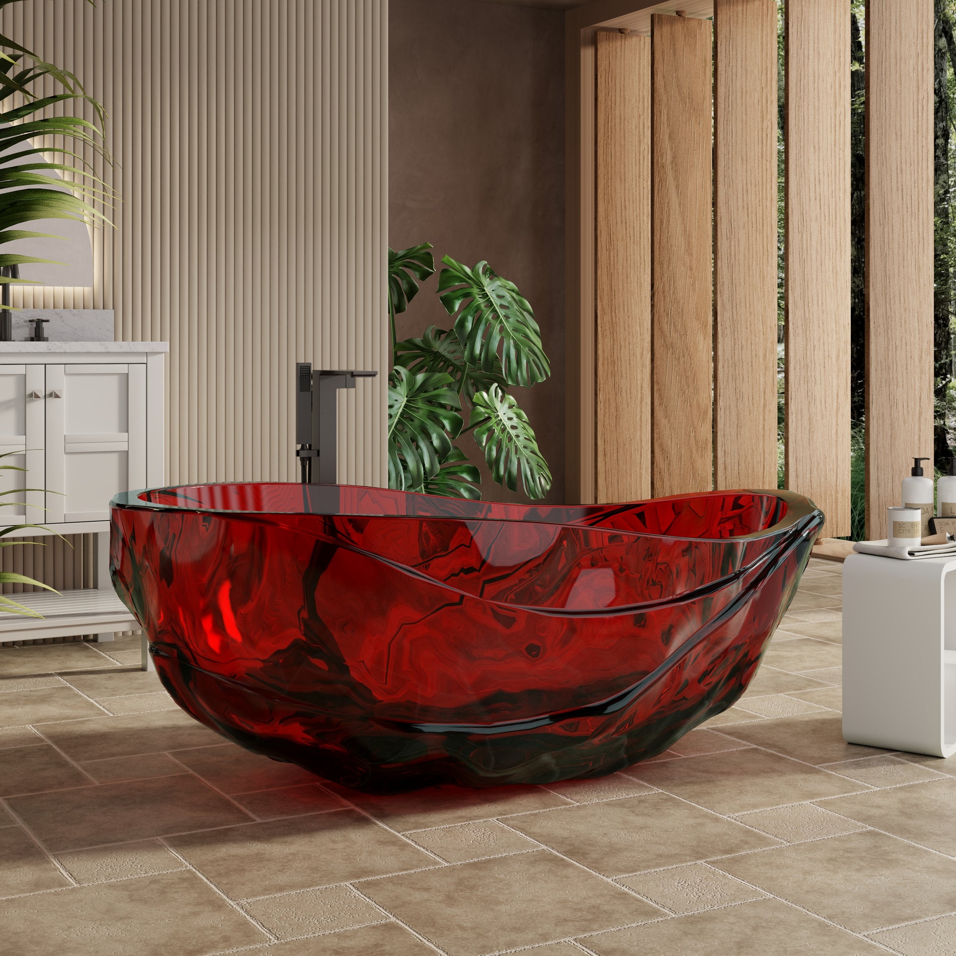 67" Flame Red Water-Ripple Freestanding Resin Soaking Tub with Center Drain