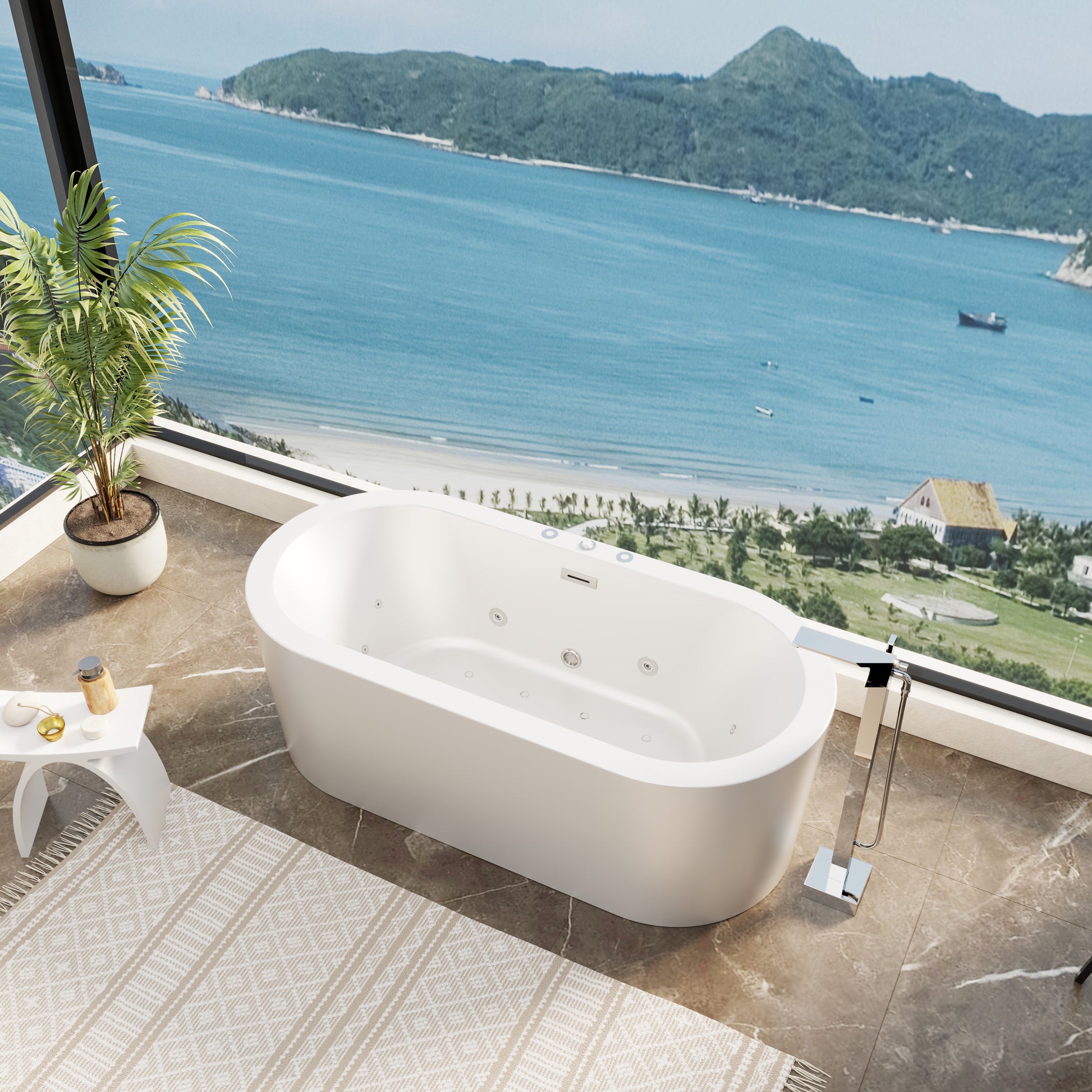 CasaCrylic 67" Luxury Freestanding Oval Whirlpool Baths with Dual Jet Therapy & Chromotherapy Lighting