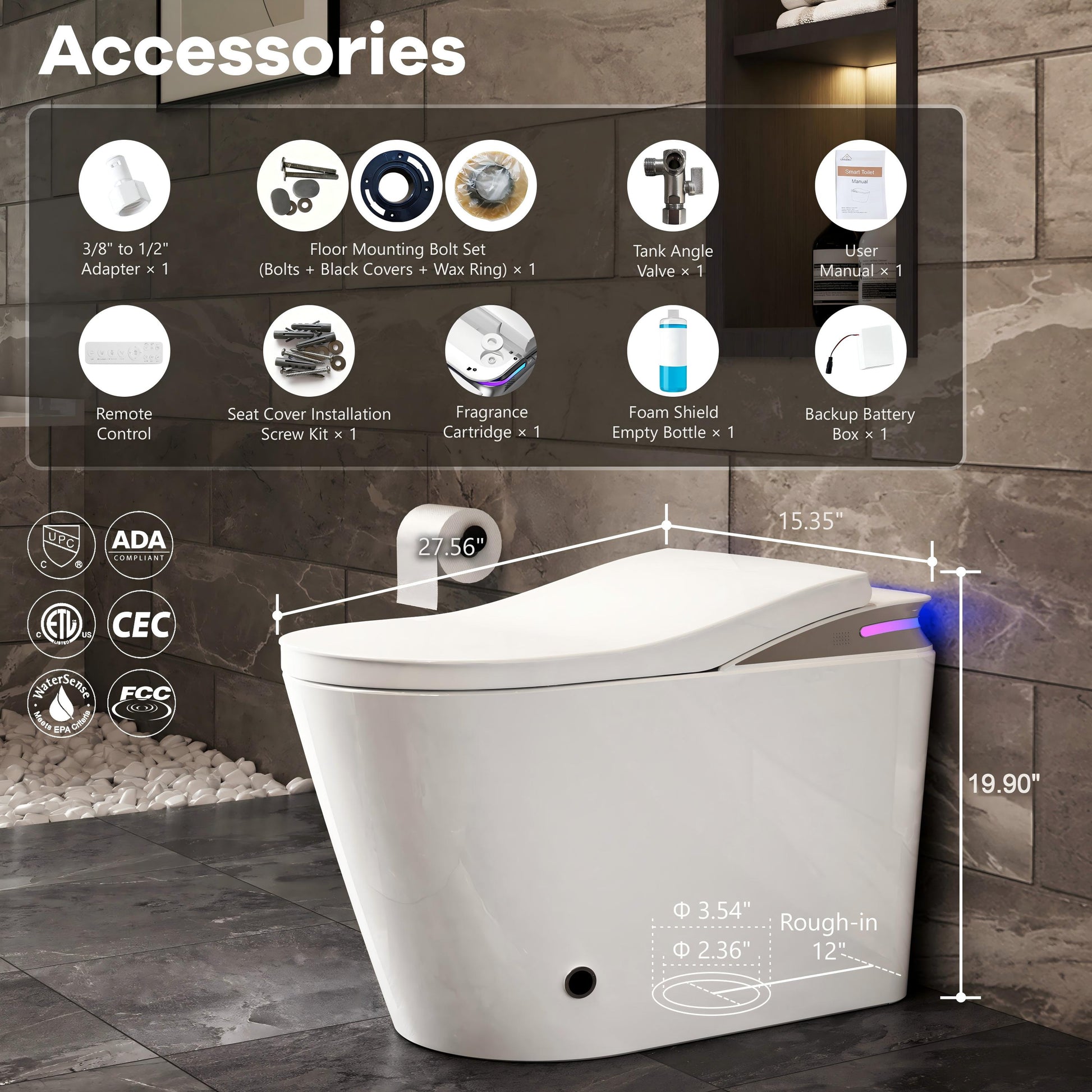 One-Piece Chair Height Elongated Smart Bidet Toilet with Auto Lid, Foam Shield Protection & Dual Flush