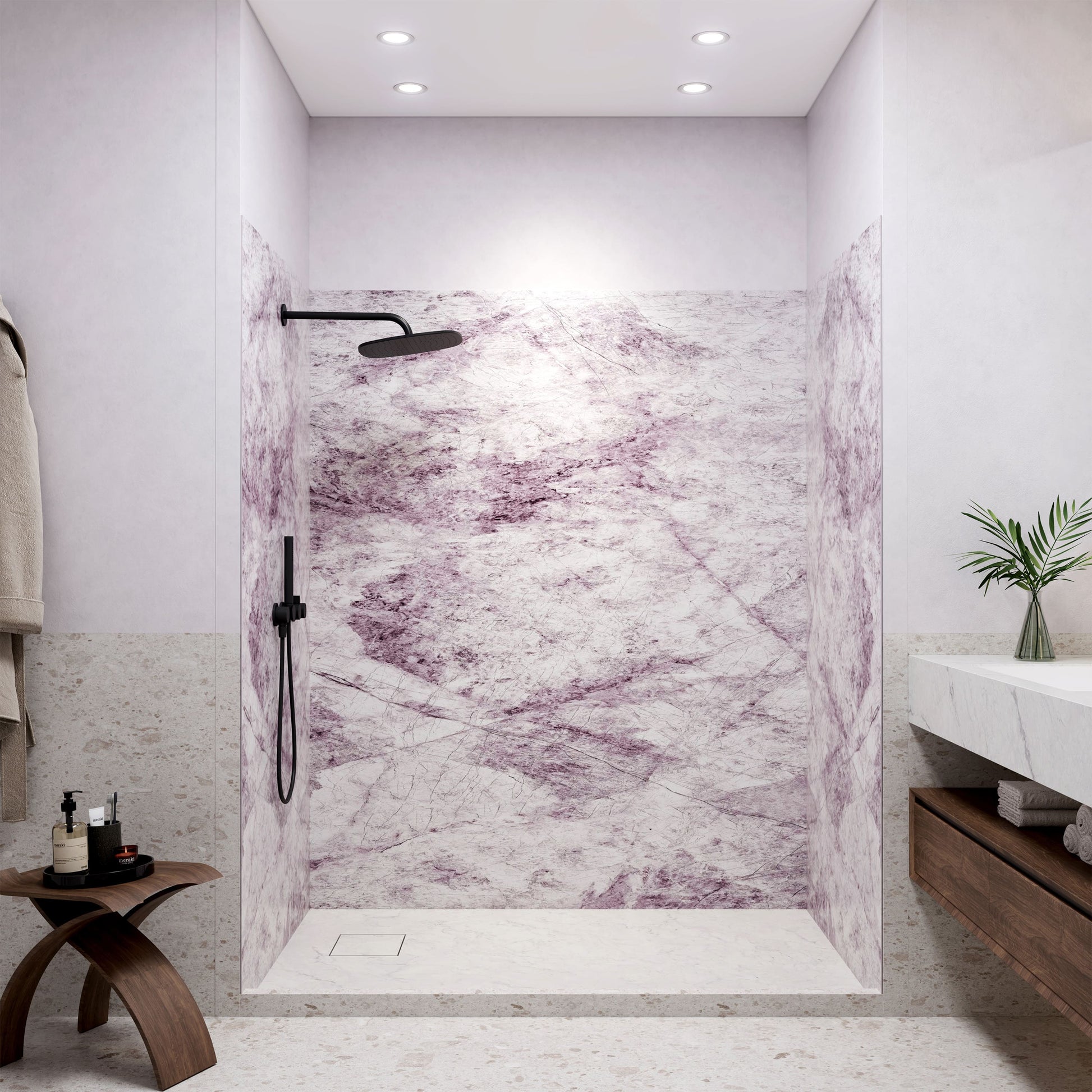 4-Piece Solid Surface Shower Wall Panels with Lavender Marble Pattern