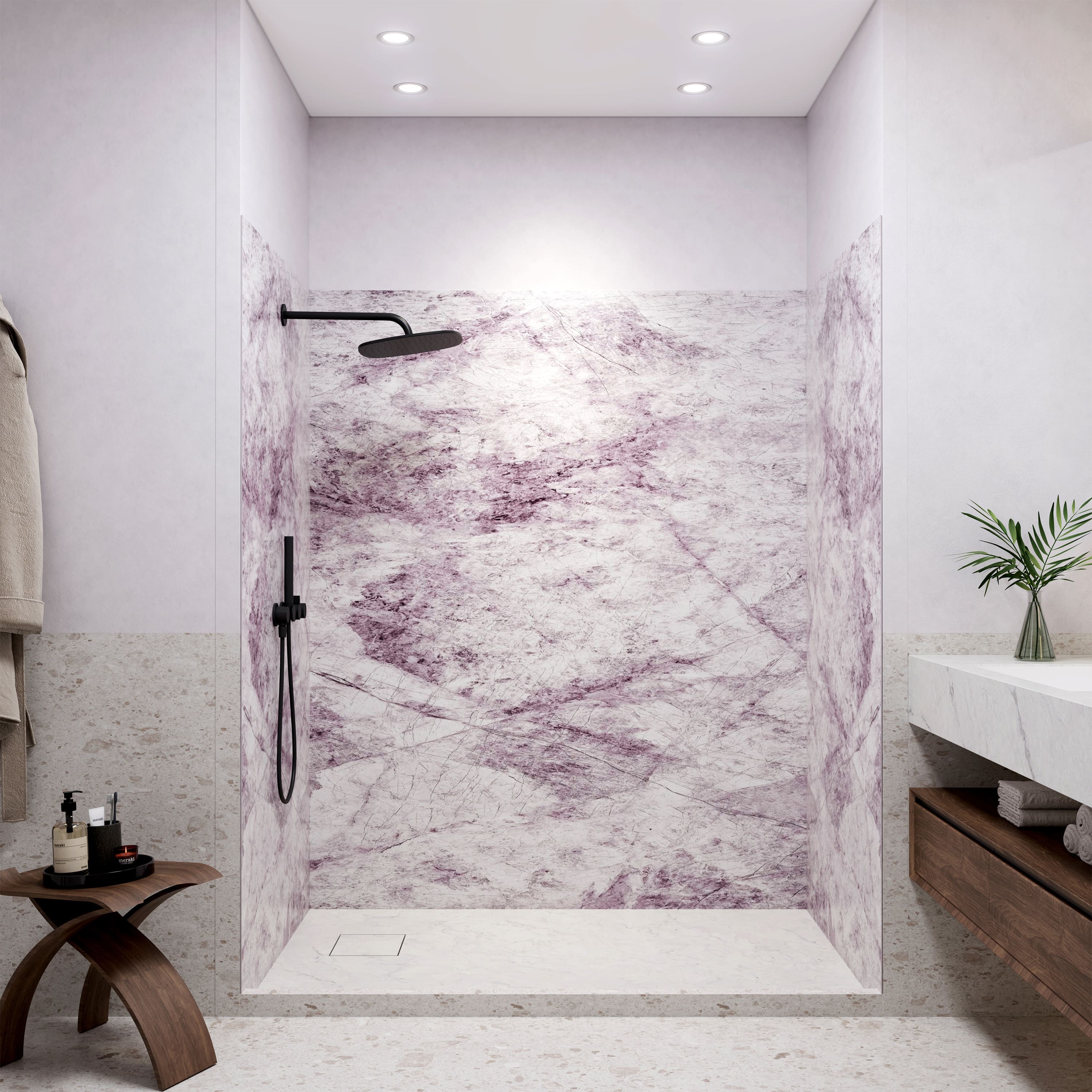 3-Piece Blush Vein White SMC Marble Shower Wall Panels for Modern Bathrooms