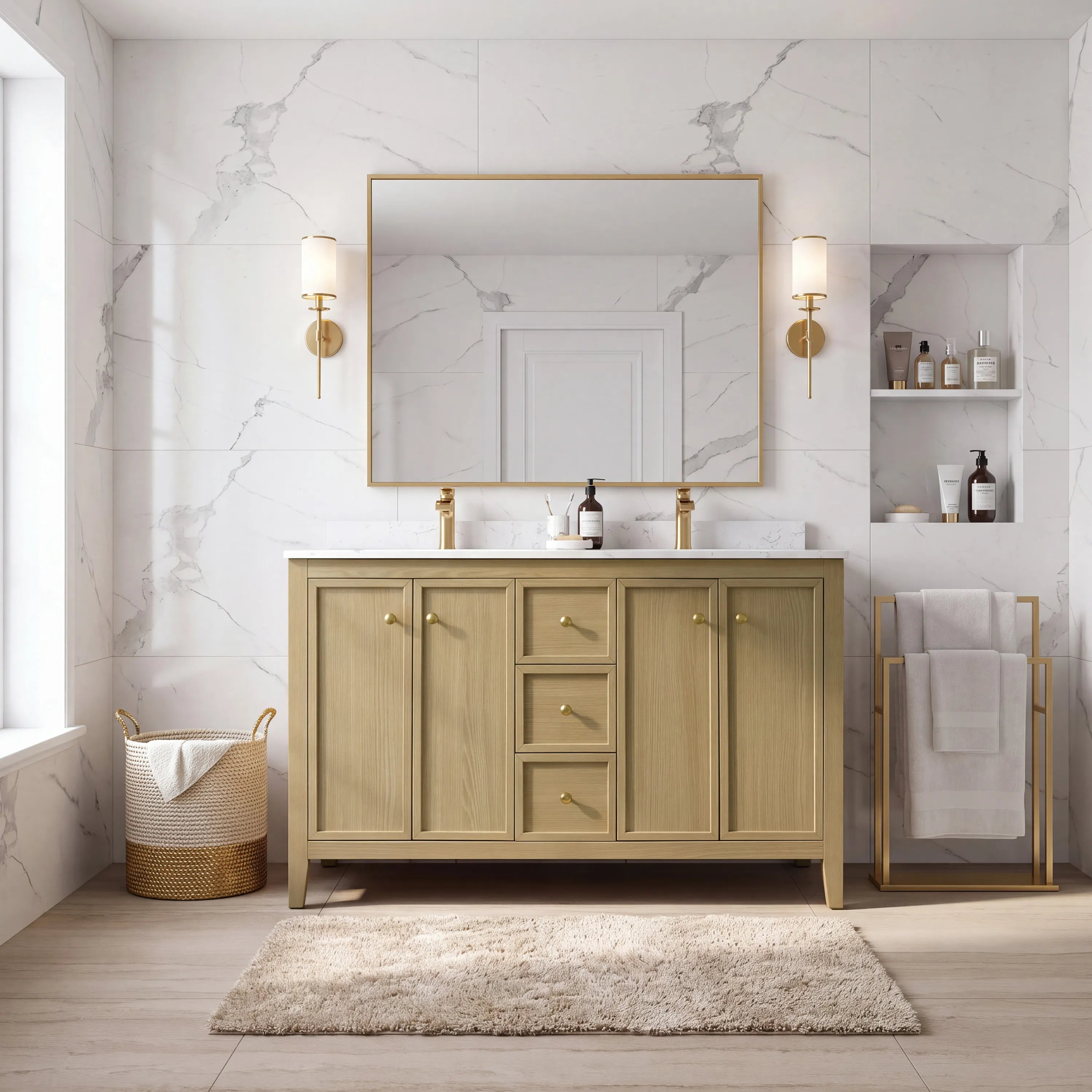 54" Light Oak Freestanding Bathroom Vanity with Double Sink & Marble Top