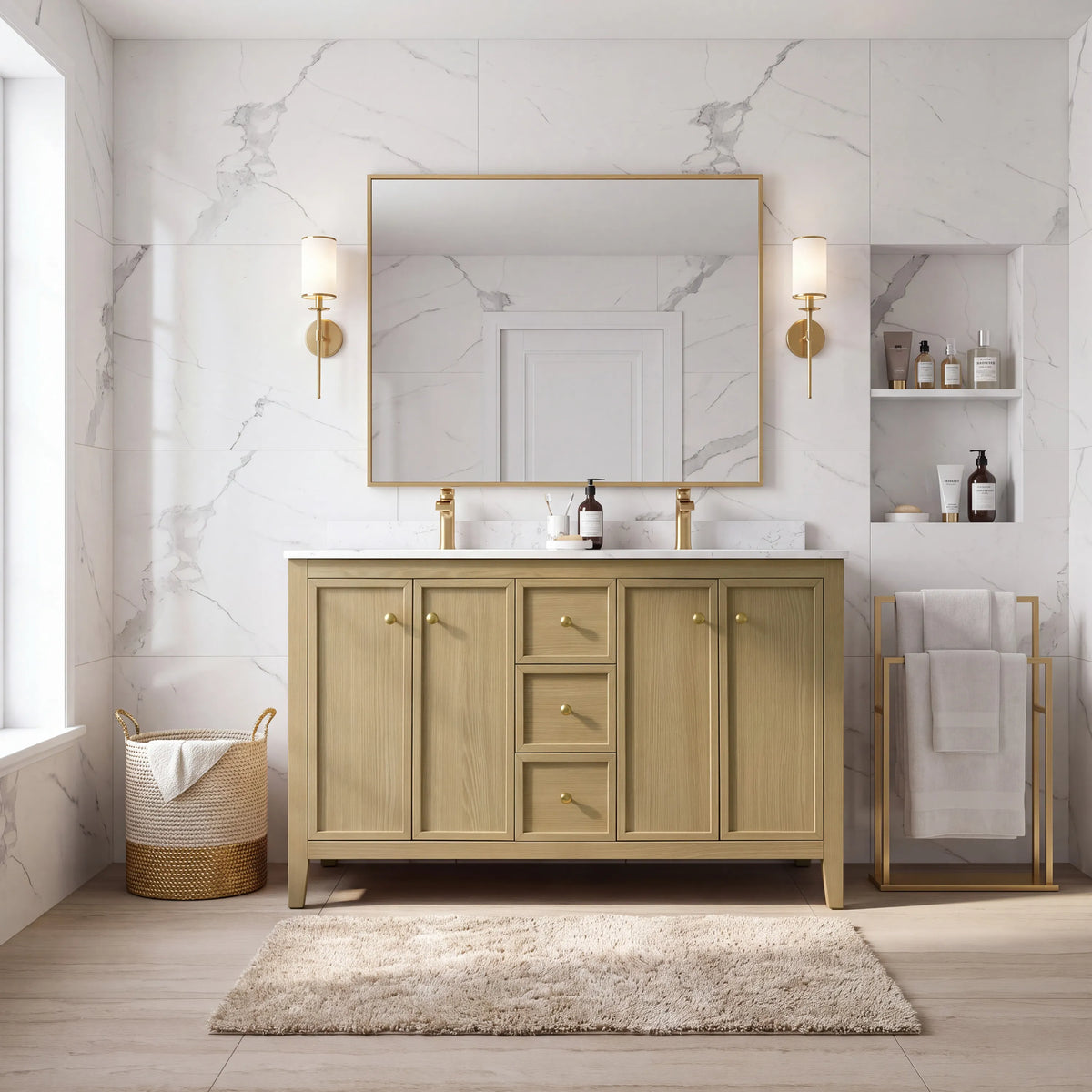 54" Light Oak Freestanding Bathroom Vanity with Double Sink & Marble Top