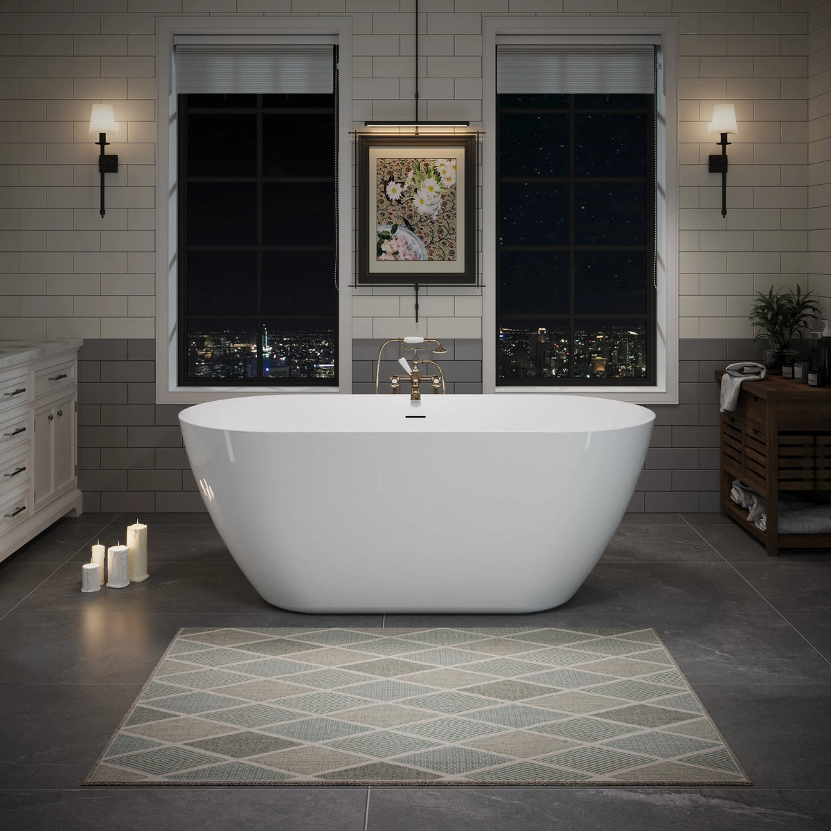 55"/59"/63" Glossy White Acrylic Freestanding Oval Soaking Bathtub with Center Pop-Up Drain and Integrated Overflow