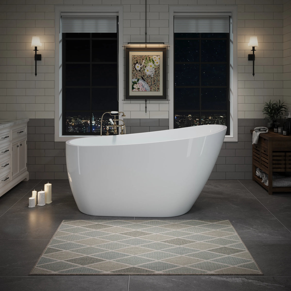 55"/59"/63" Glossy White Acrylic Freestanding Soaking Bathtub with Slipper design