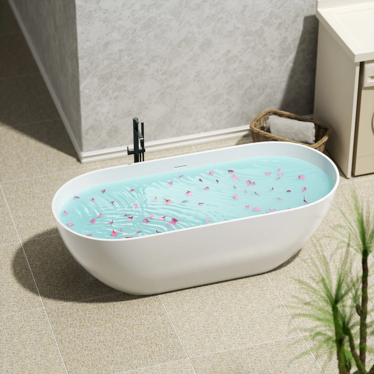 59"/63"/69" Modern Stone Resin Freestanding Soaking Tub with Spa-Level Comfort
