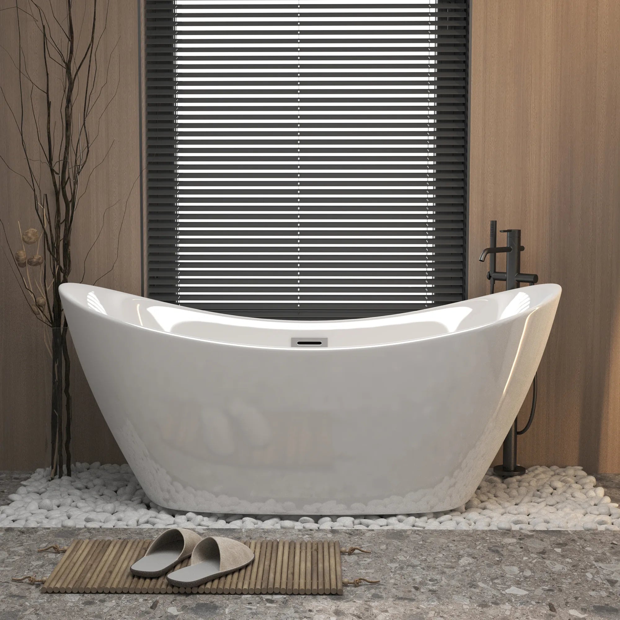 59"/67" Acrylic Freestanding Twin Slipper Bathtub with Overflow and Pop-up Drain