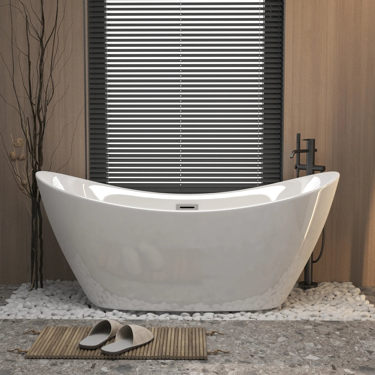 59"/67" Acrylic Freestanding Twin Slipper Bathtub with Overflow and Pop-up Drain