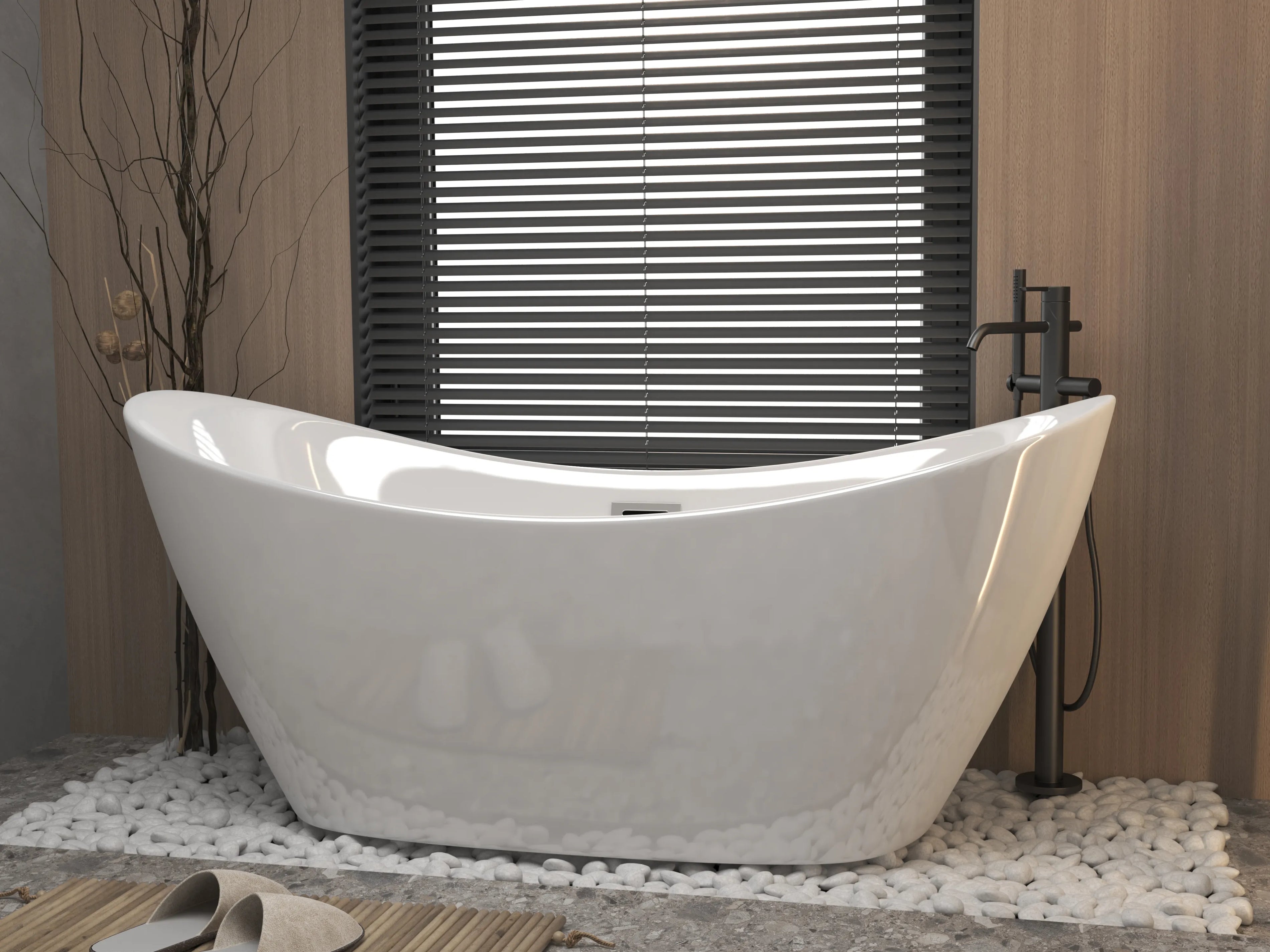 59" Gloss White Acrylic Double-Slipper Freestanding Bathtub with Chrome Overflow and Pop-Up Drain