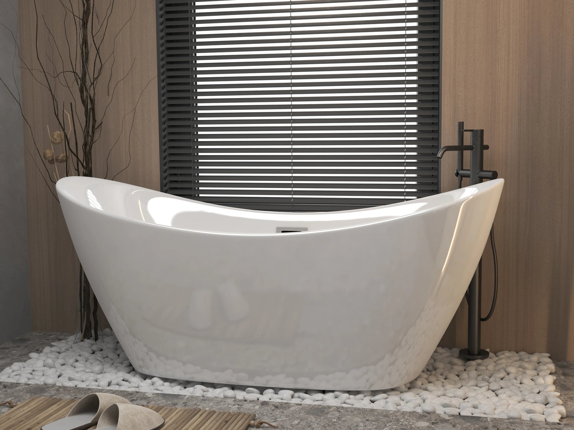 59" Gloss White Acrylic Double-Slipper Freestanding Bathtub with Chrome Overflow and Pop-Up Drain