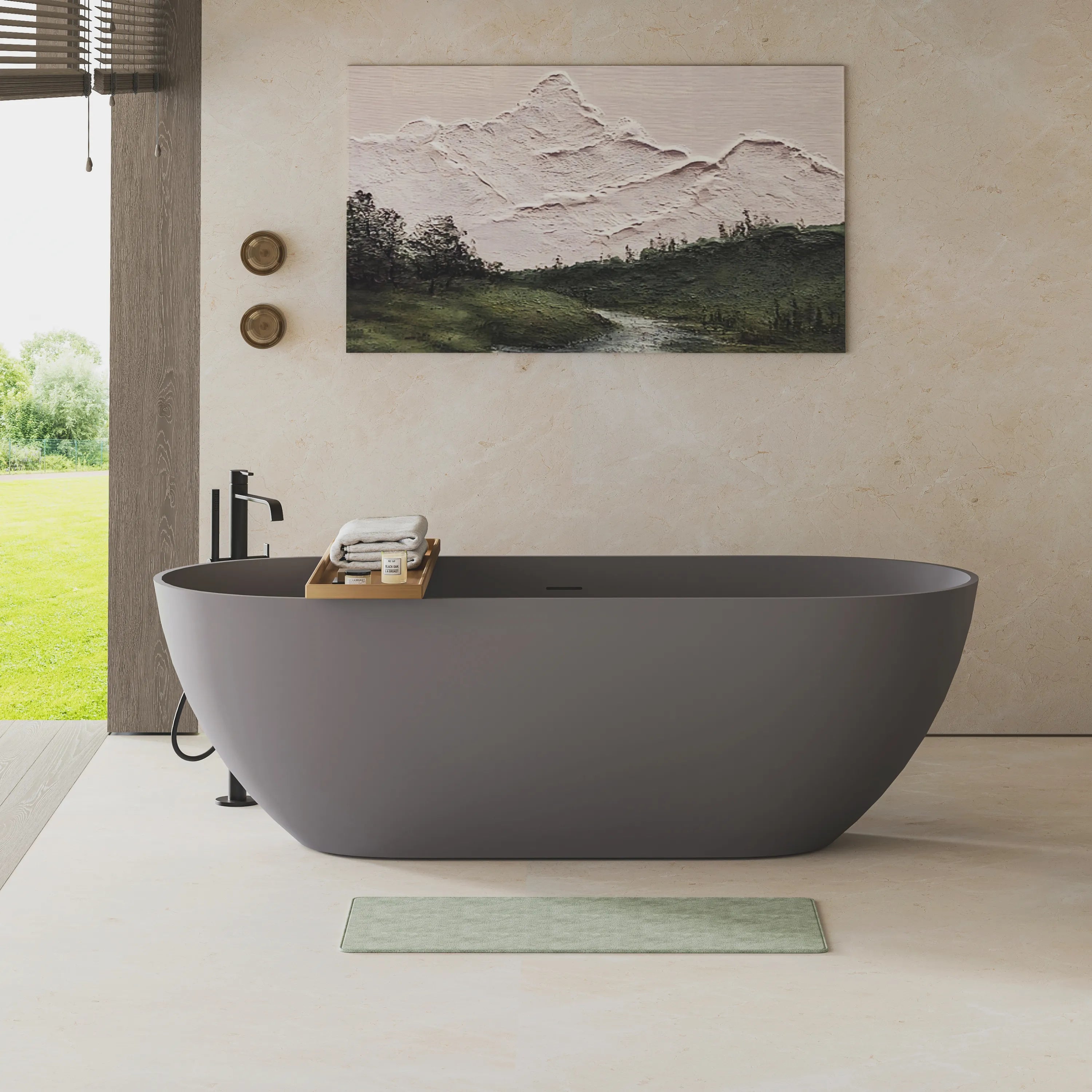 59" Matte Gray Solid Surface Freestanding Soaking Bathtub with Overflow & Pop-Up Drain