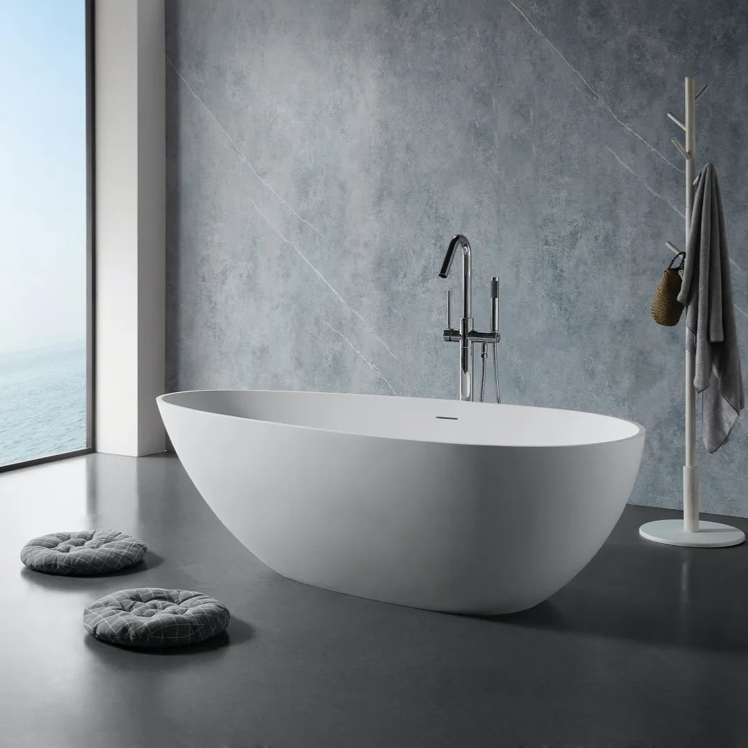 59" Matte White Egg-Shaped Stone Resin Freestanding Soaking Tub, cUPC Certified
