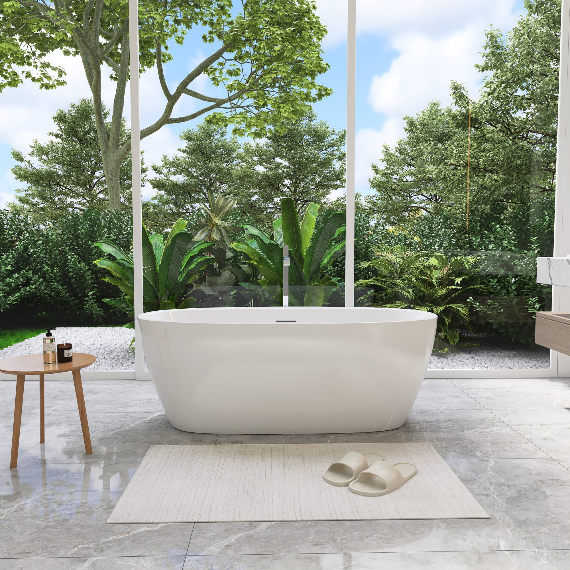 59 in./67 in. Glossy White Acrylic Freestanding Soaking Bathtub with Faucet Deck, Overflow and Adjustable Feet