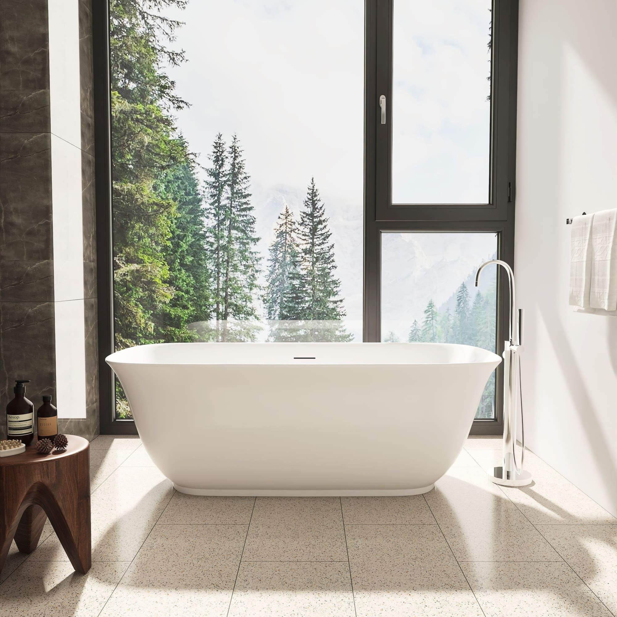 59 in./67 in. Glossy White Acrylic Freestanding Soaking Bathtub with Sculpted Curves, Overflow and Adjustable Feet