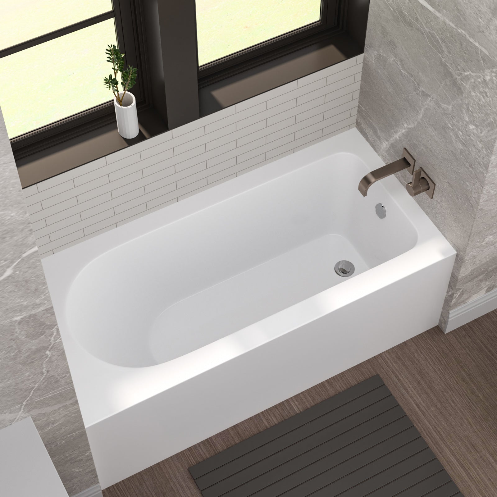 59 in. Glossy White Acrylic Alcove Soaking Bathtub with Integrated Skirt, Chrome Twist Drain and Overflow